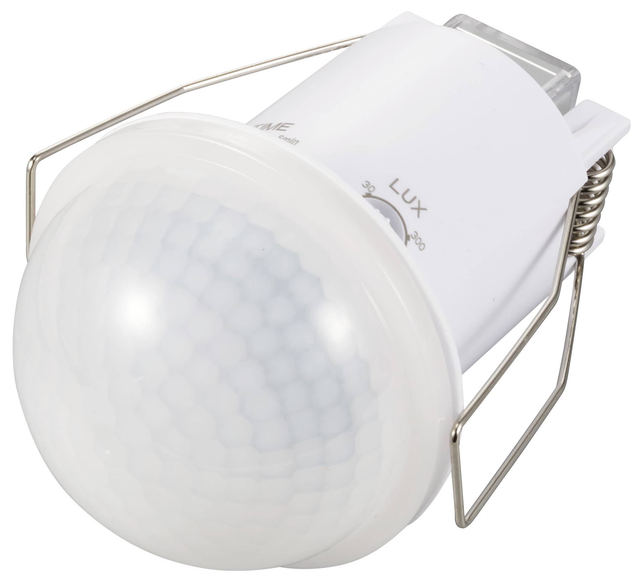 Ein weißer Bewegungssensor mit Metallschienen zur Befestigung, geeignet für die Erkennung von Bewegungen zur automatischen Lichtsteuerung.