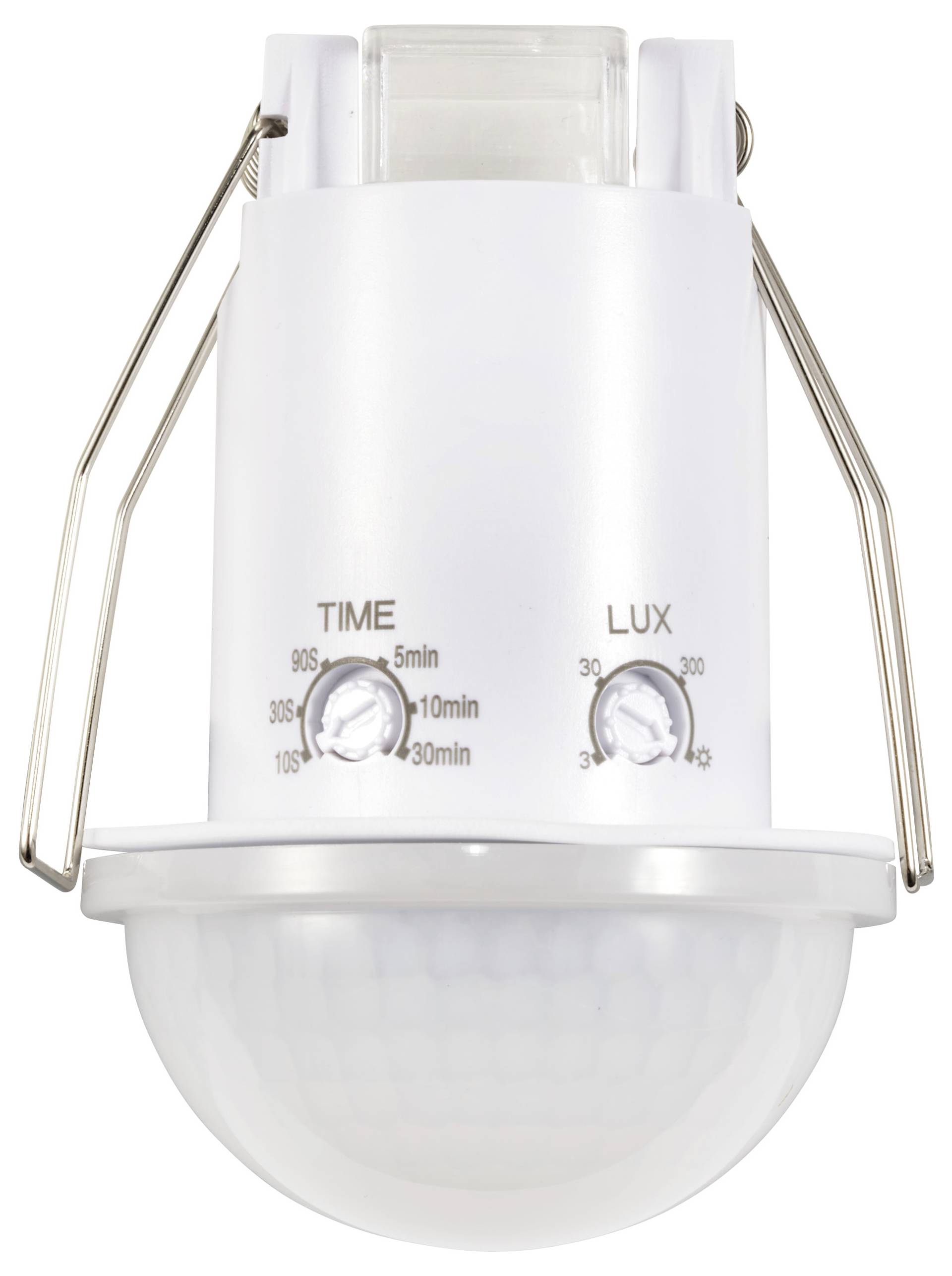 Weißer Deckenmelder mit Halterungen, zwei Drehknöpfe für 'TIME' und 'LUX' deutlich sichtbar. Oberer Teil rechteckig, unterer Teil kuppelförmig.
