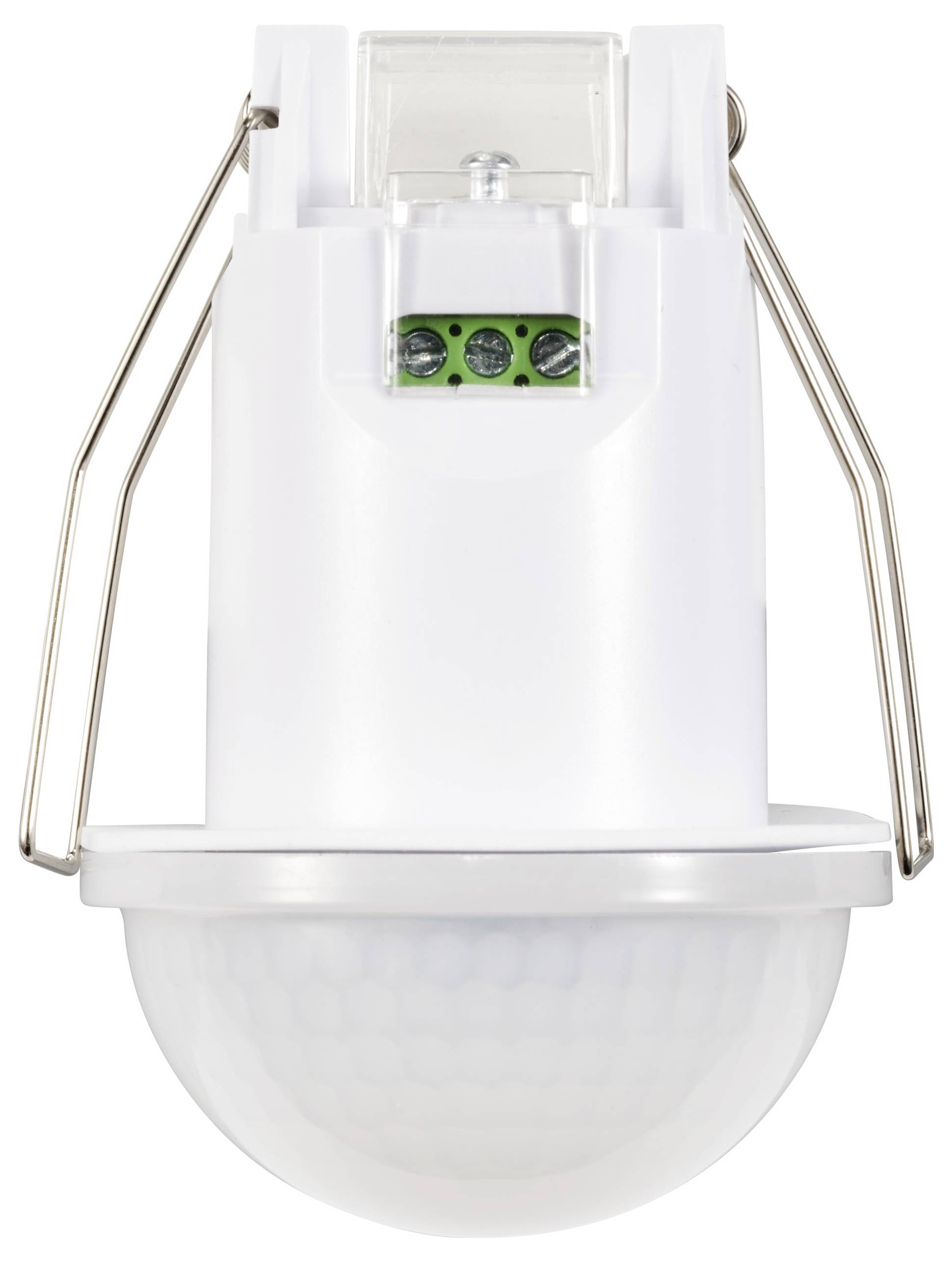 Ein runder, weißer Infrarot-Bewegungssensor mit Metallklammern, geeignet für Deckenmontage, zur Erfassung von Bewegungen in Innenräumen.