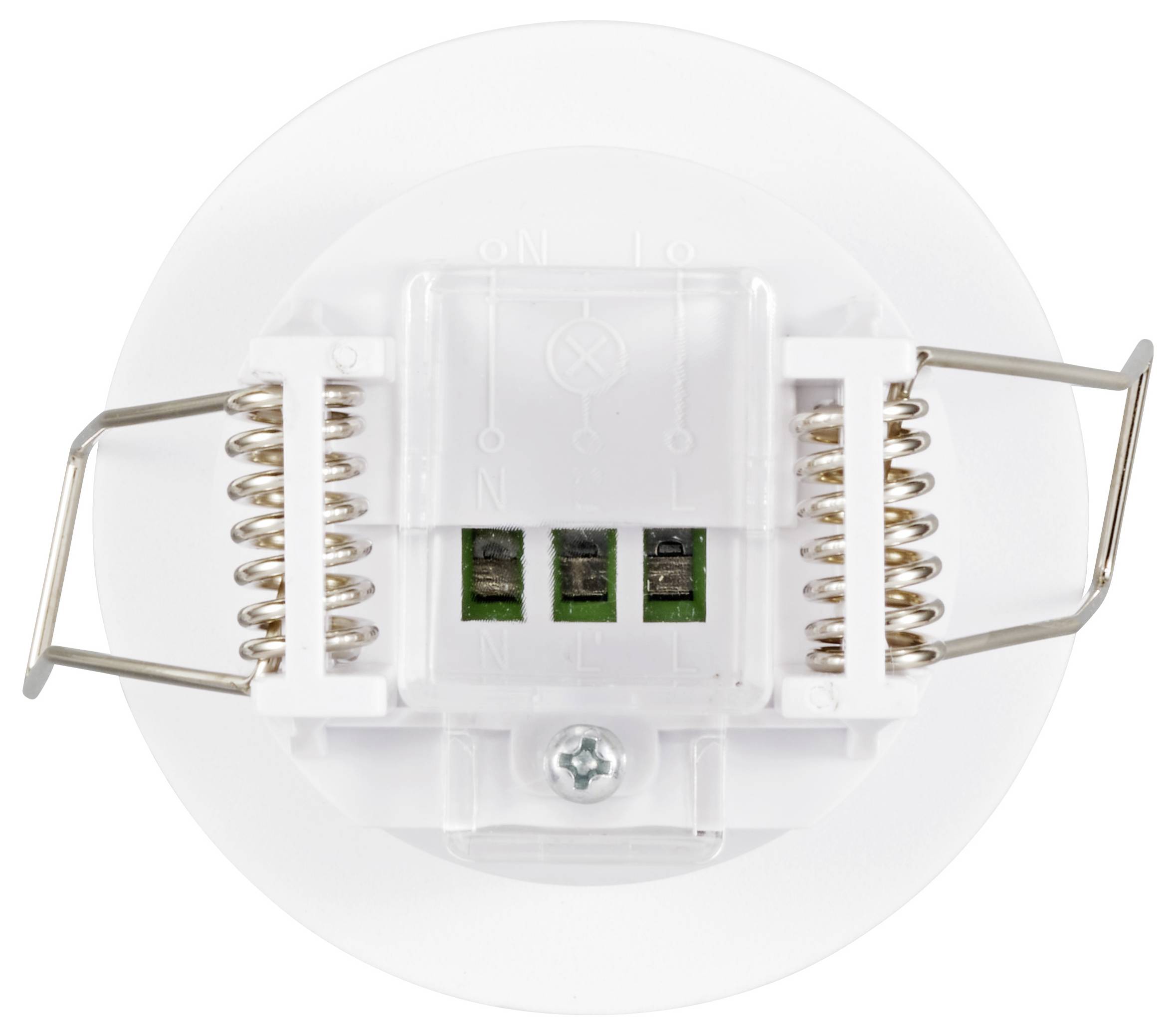 Rückansicht eines runden Deckenstrahlers mit Metallfedern und Anschlussklemmen, bezeichnet mit 'L', 'N', und 'E'.