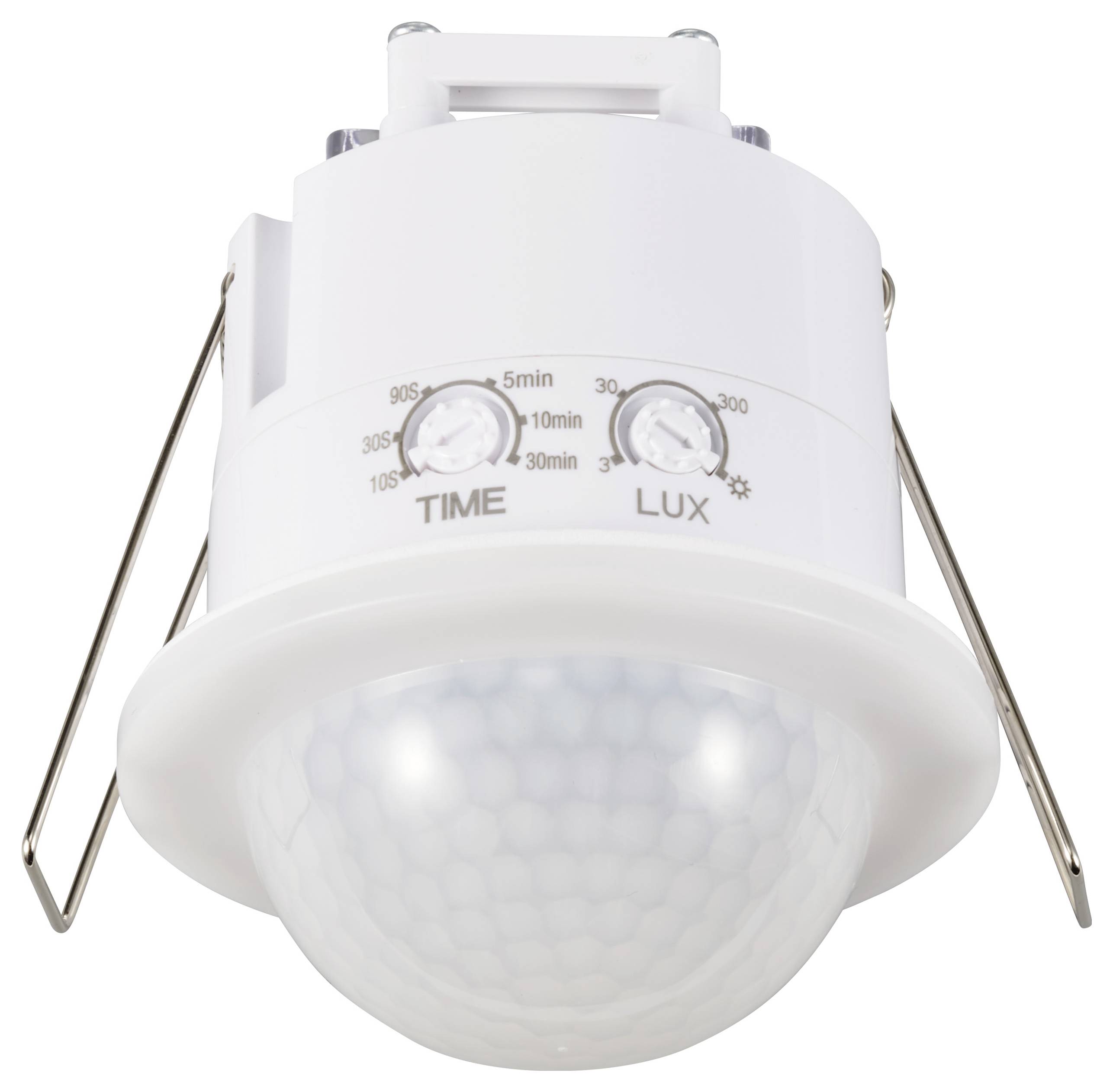 Weißer Bewegungsmelder mit Zeit- und Lichteinstellungen auf der Vorderseite.