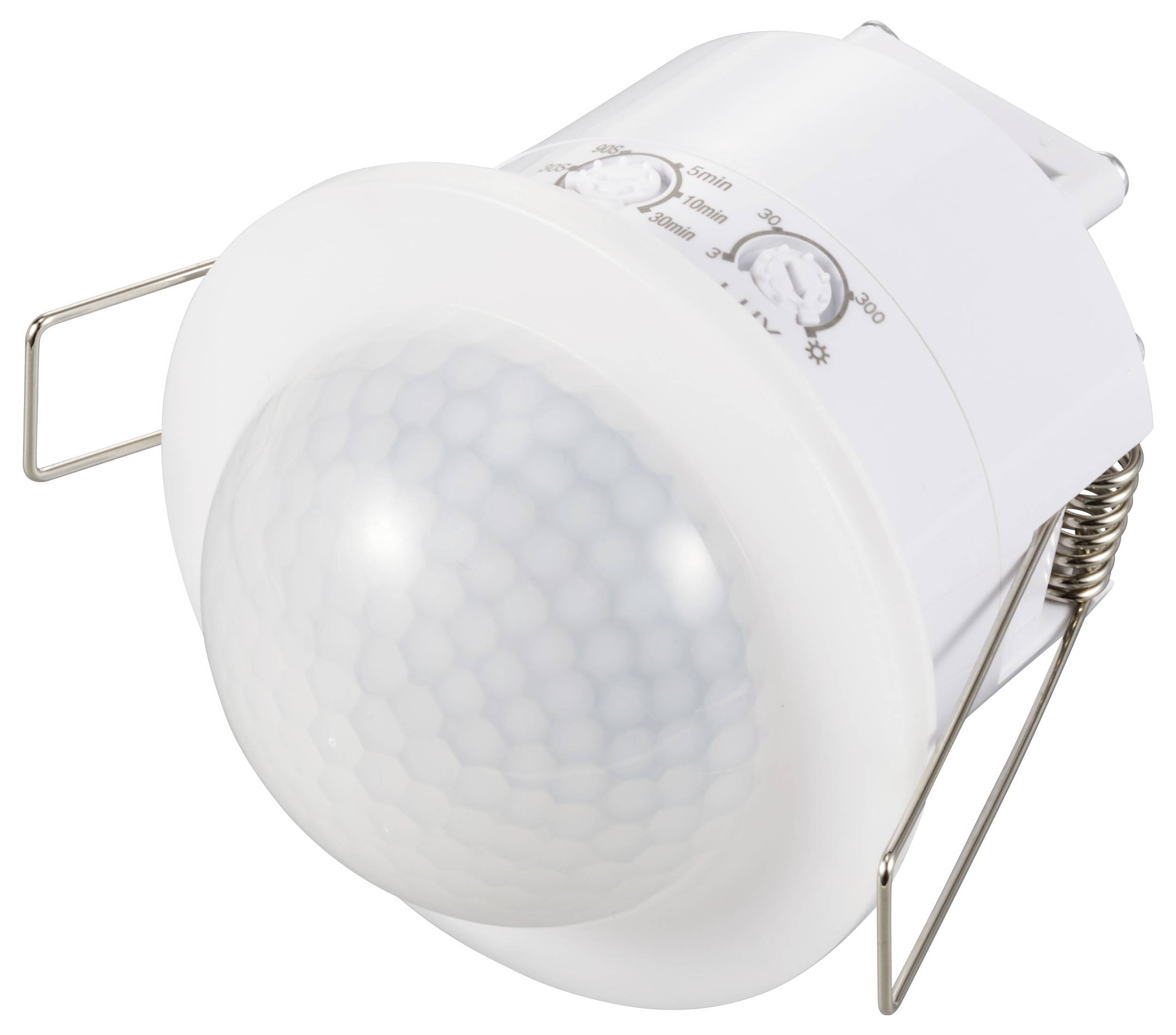 Bewegungsmelder in einem weißen Gehäuse mit zwei Metallclips an den Seiten. Oberseite zeigt Einstellungsmöglichkeiten für Licht und Zeit.