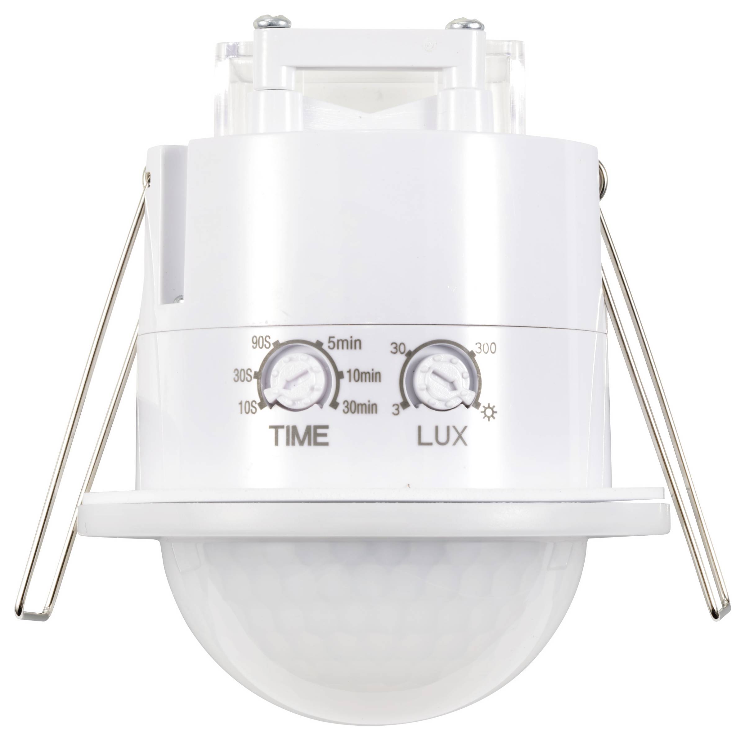 Bewegungsmelder in Weiß, mit zwei Reglern zur Einstellung von Zeit ('TIME') und Helligkeit ('LUX'), zur Deckenmontage.