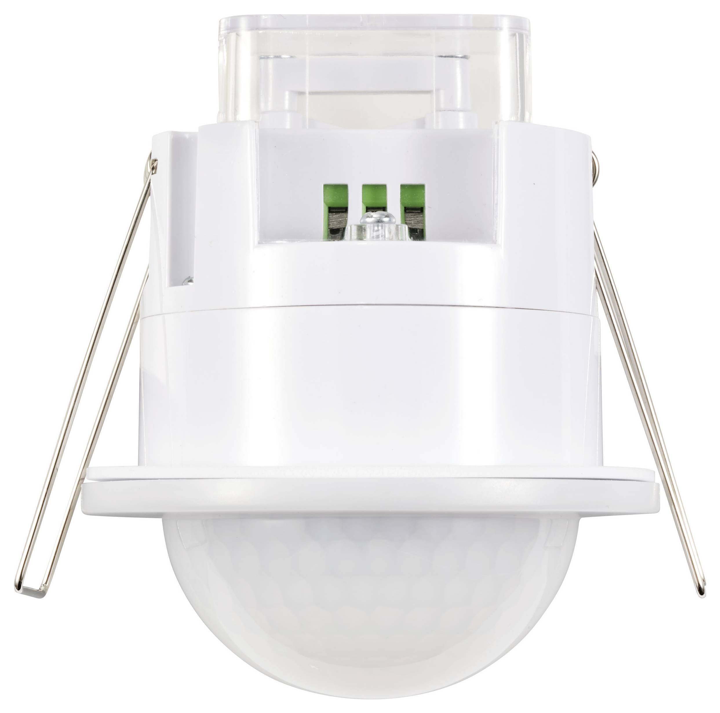 Ein weißer Bewegungsmelder mit runder Kuppel und Metallklammern zur Deckenmontage. Er verfügt über Anschlussklemmen oben.