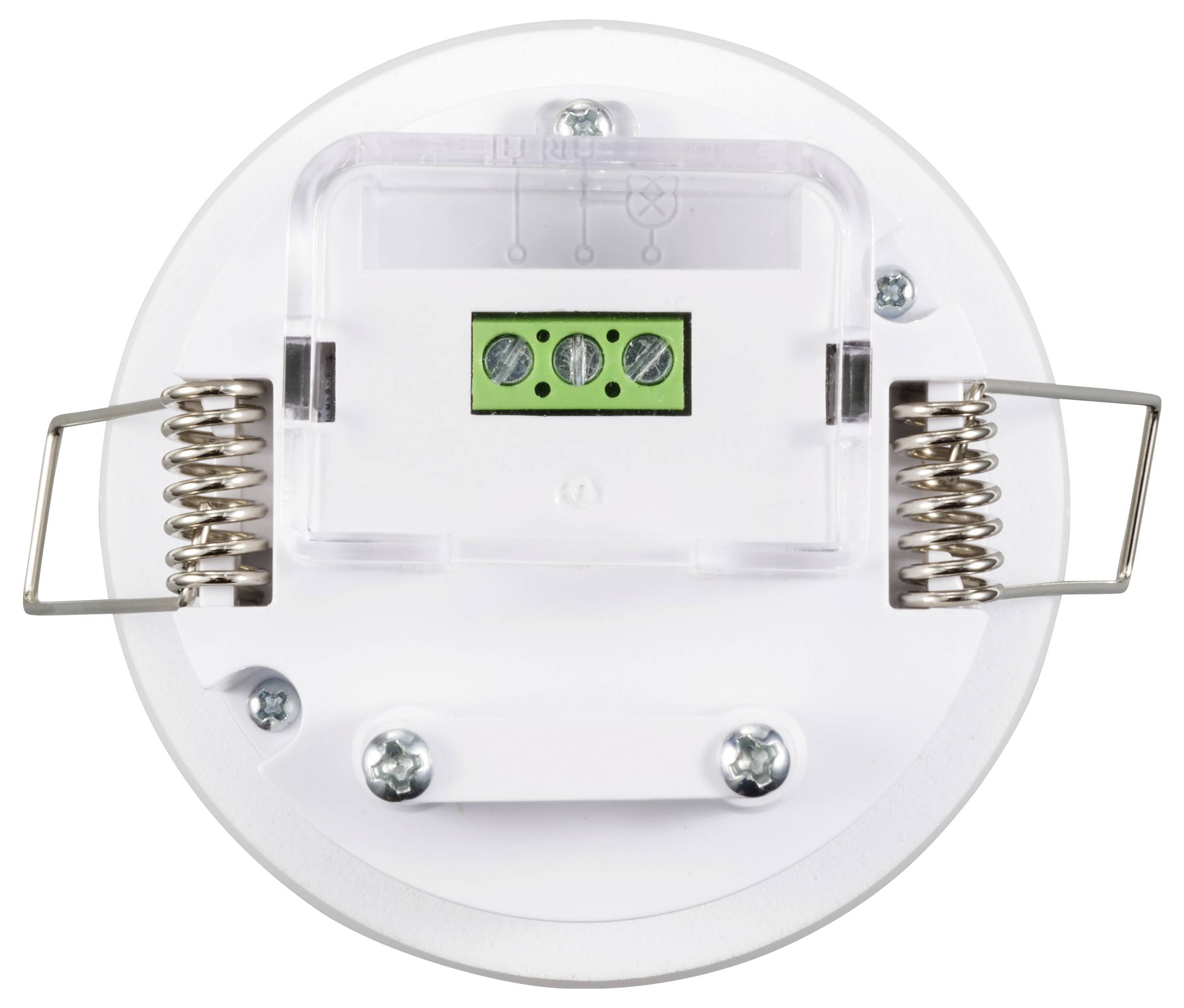 Runde, weiße Deckenhalterung mit Metallfedern und grünen Anschlussklemmen, vermutlich zur Befestigung eines Rauchmelders oder Sensors.
