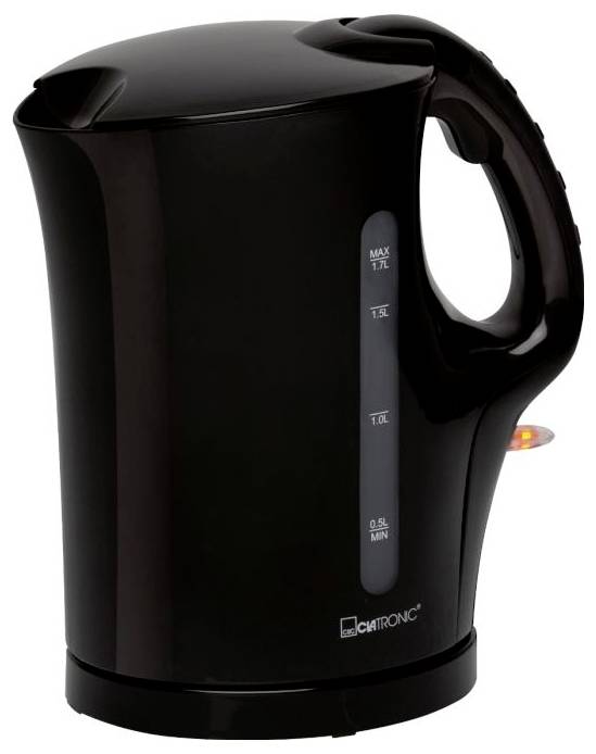 Schwarzer Wasserkocher mit Sichtfenster zeigt Füllstandsanzeige, maximaler Wasserstand 1,7 Liter. Markierung für minimalen Stand bei 0,5 Litern.