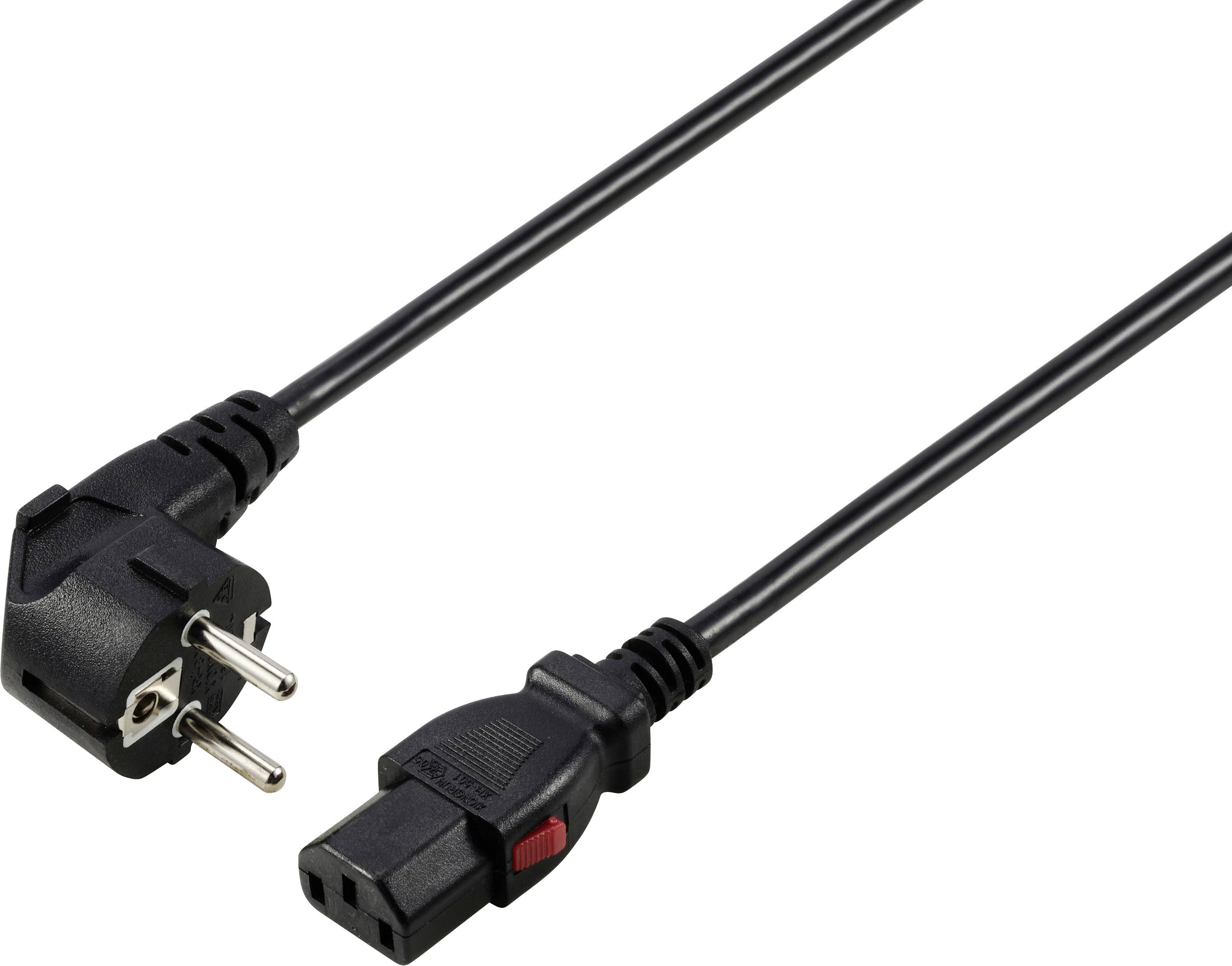 Ein schwarzes Stromkabel mit einem Schuko-Stecker auf einer Seite und einem IEC-Stecker auf der anderen. Geeignet für elektronische Geräte.