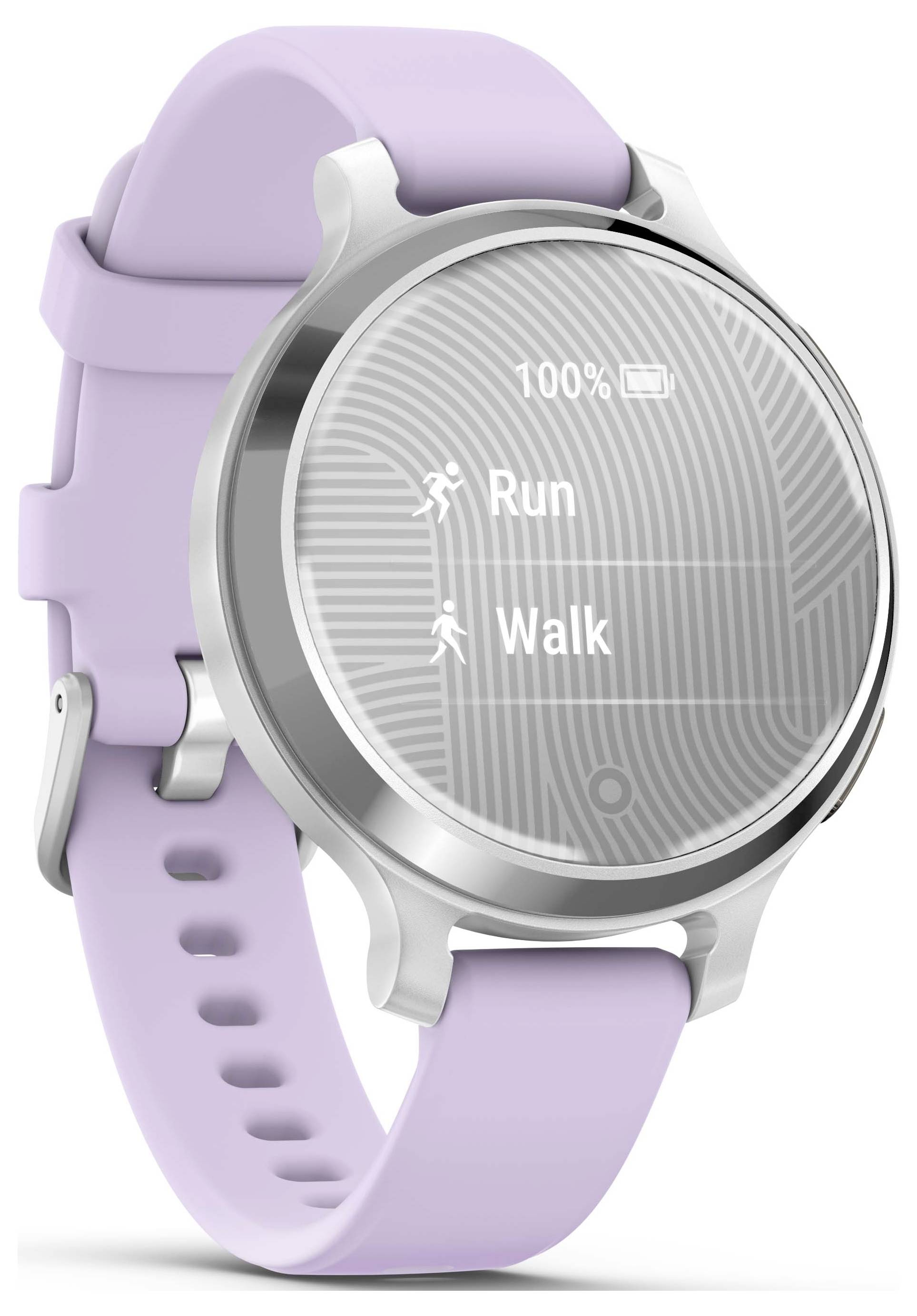 Eine Smartwatch mit lila Armband zeigt die Modi 'Run' und 'Walk' auf dem runden Display an.