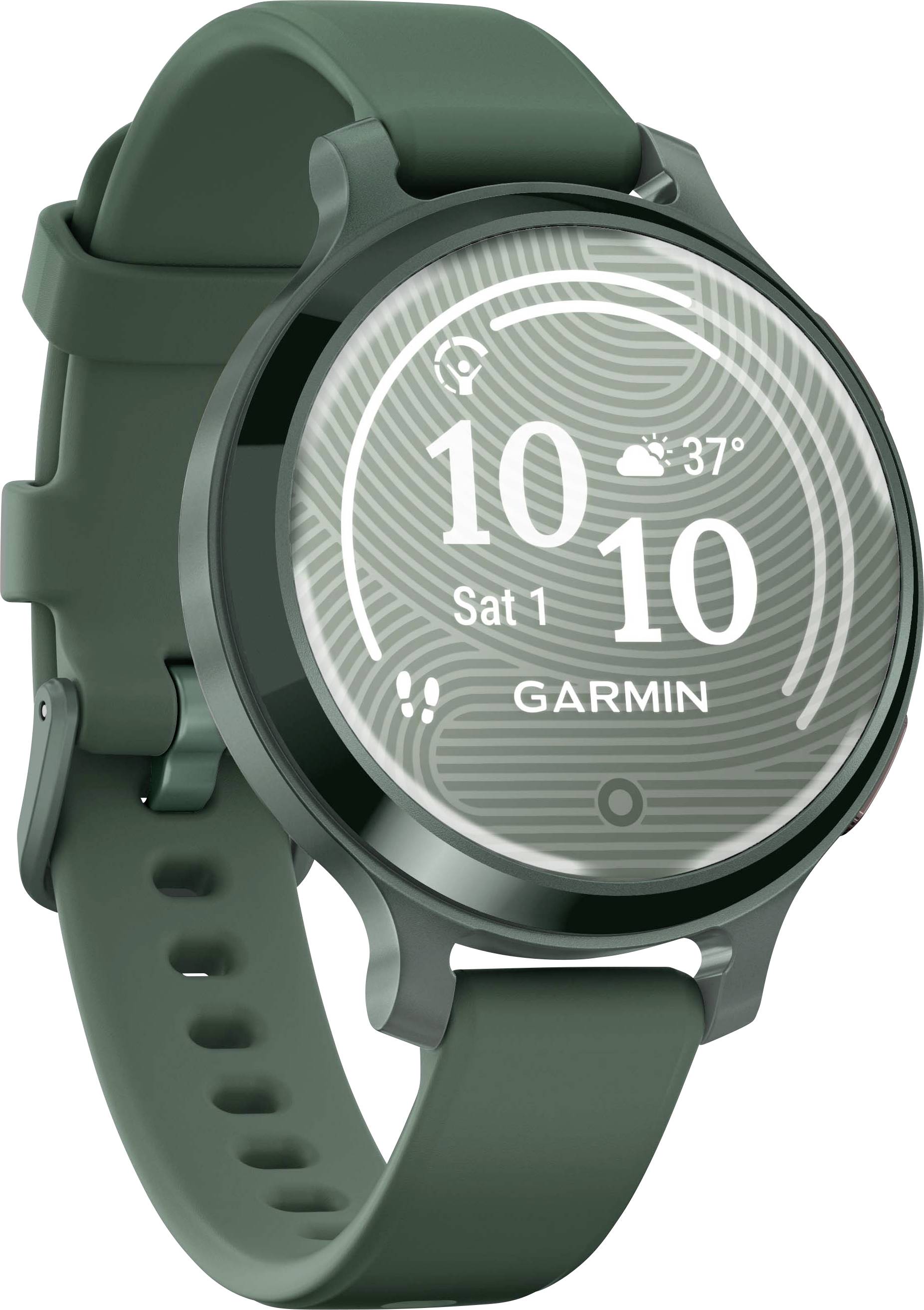 Grüne Smartwatch mit rundem Display zeigt die Uhrzeit, das Datum, die Temperatur und den Schriftzug 'GARMIN'. Sie hat ein grünes Armband.
