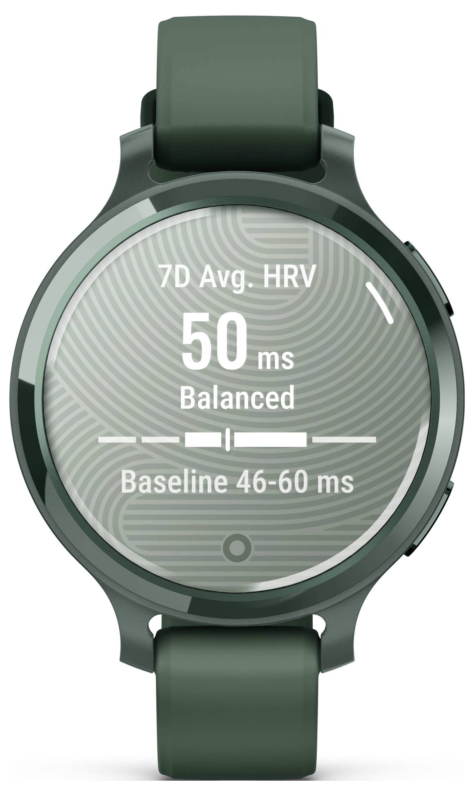 Smartwatch mit grünem Armband zeigt Herzfrequenzvariabilität: '7D Avg. HRV 50 ms Balanced', Basislinie bei 46-60 ms.