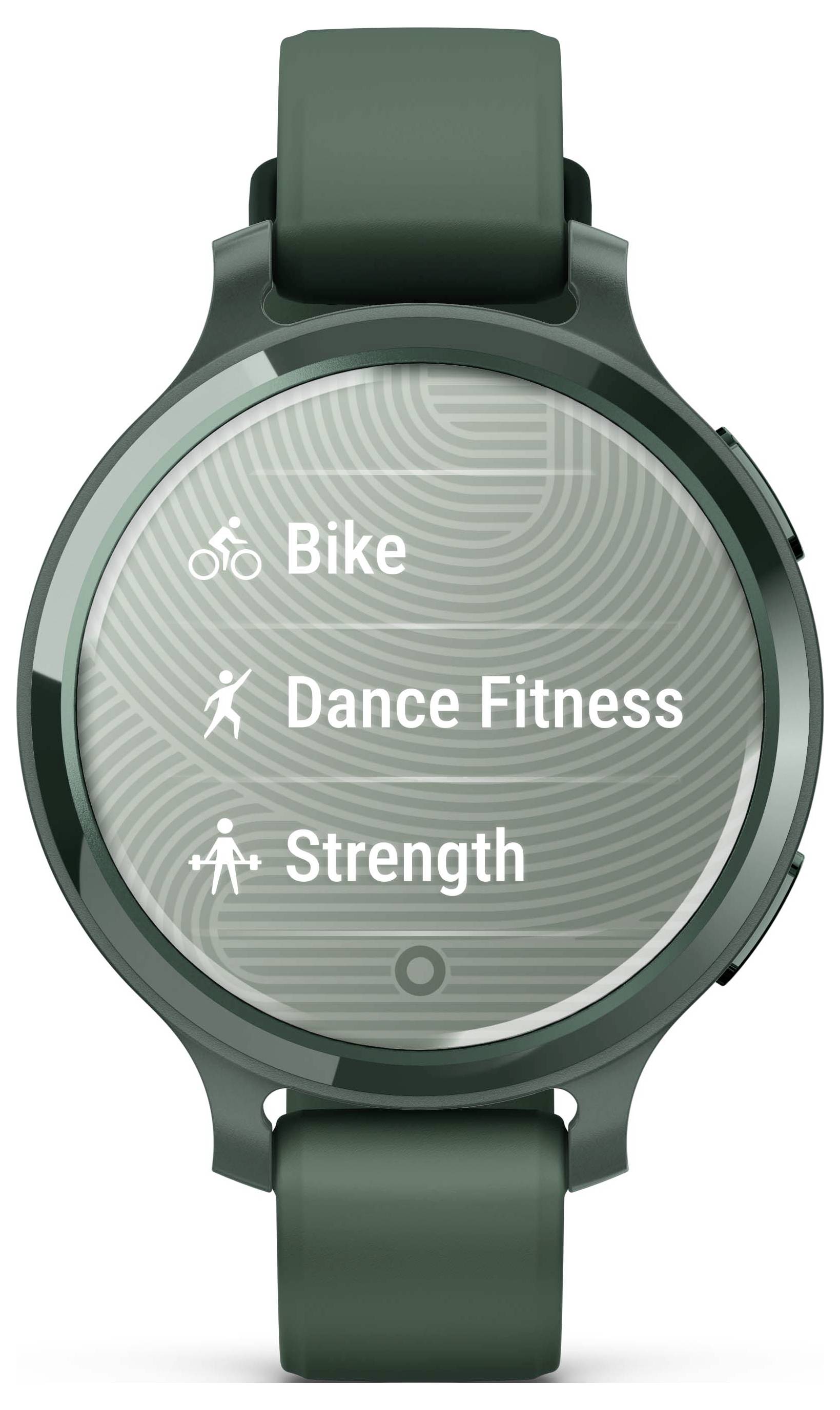 Grüne Smartwatch mit drei Sportmodi auf dem Display: 'Bike', 'Dance Fitness', und 'Strength'.