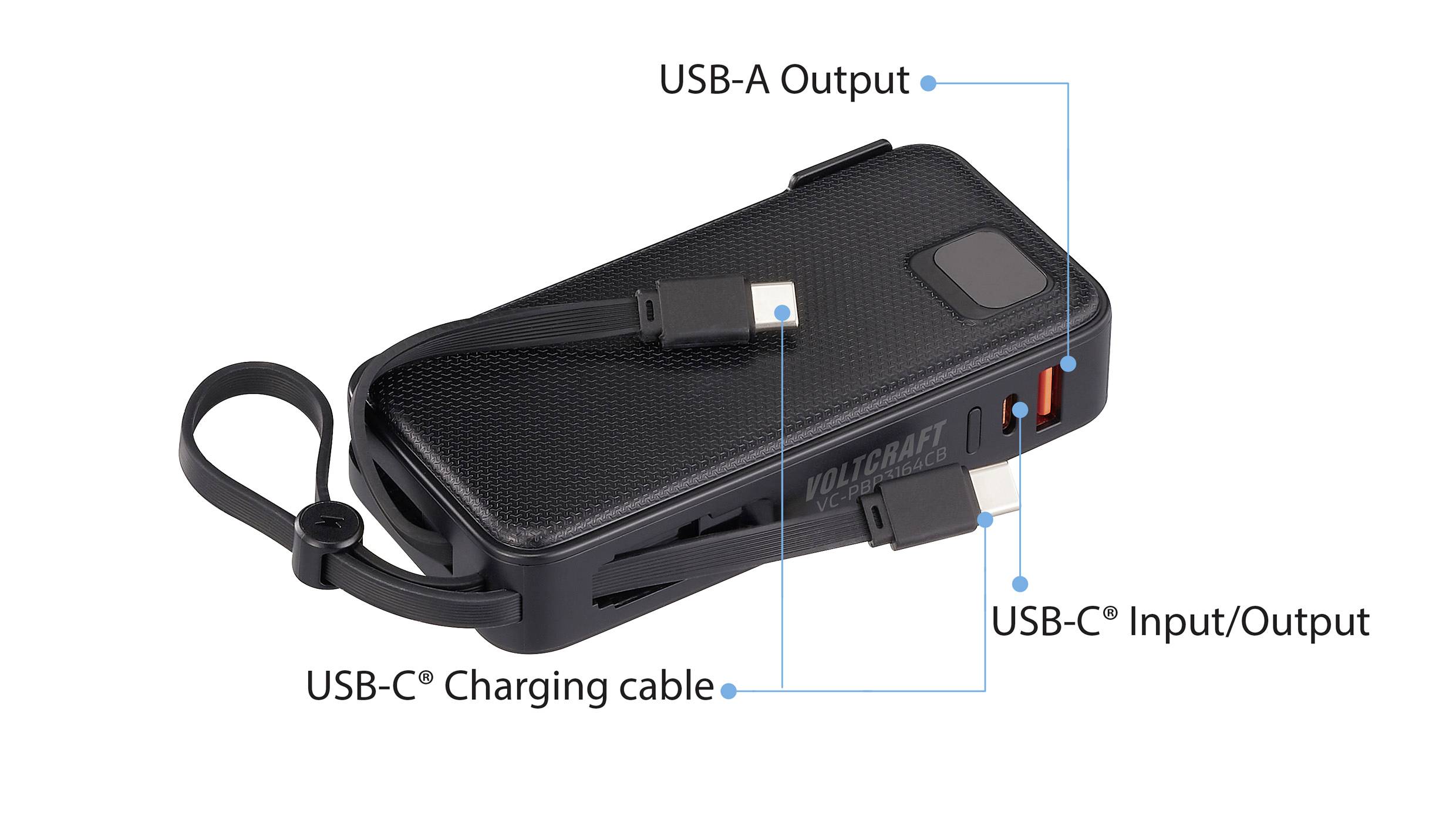 Tragbares Ladegerät mit USB-A-Ausgang, USB-C Ein-/Ausgang und USB-C-Ladekabel. Schwarzes Design mit Befestigungsschlaufe.
