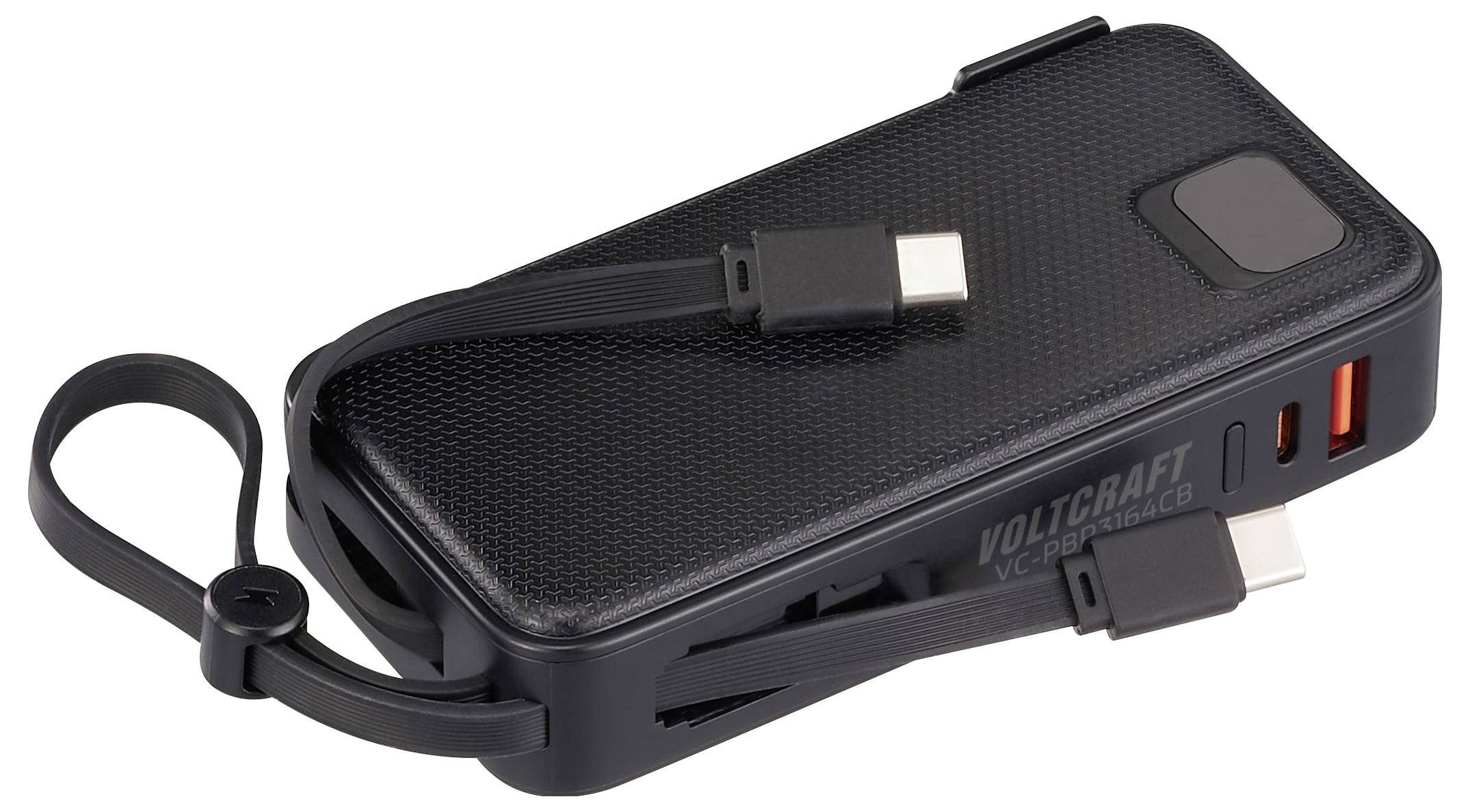 Eine schwarze Powerbank mit verschiedenen Anschlüssen und einem integrierten USB-C-Kabel liegt auf einem weißen Hintergrund.