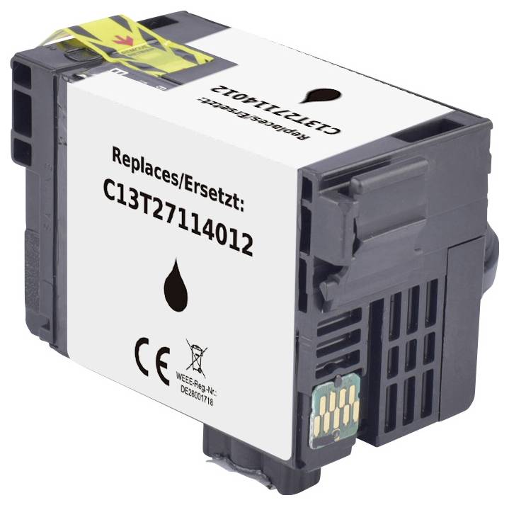 Tintenpatrone mit Etikett Replaces/Ersetzt C13T27114012, versehen mit einem Tropfensymbol, CE-Kennzeichnung und Recycling-Symbol, die Kompatibilität anzeigend.