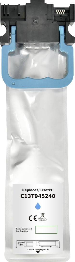 Tintenpatrone mit der Kennzeichnung 'Ersetzt C13T945240', blauem Wassertropfen-Symbol, CE-Zeichen und Recycling-Symbol.