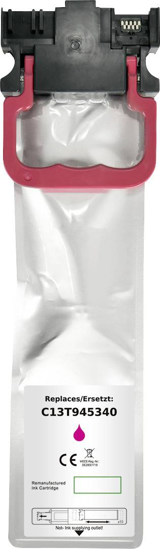Tintenpatrone mit der Bezeichnung 'Replaces/Ersetzt: C13T945340', dargestellt mit einem Anschluss und einem rosa Tintentropfen-Symbol, was auf die Magenta-Farbe hinweist.