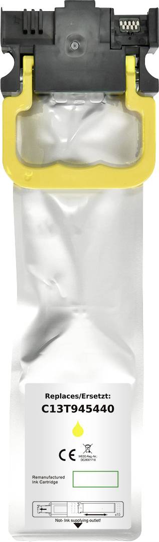 Silberne Tintenpatrone mit gelbem Deckel, Aufschrift 'Replaces/Ersetzt: C13T945440', CE-zertifiziert, schwarzes Tropfensymbol.