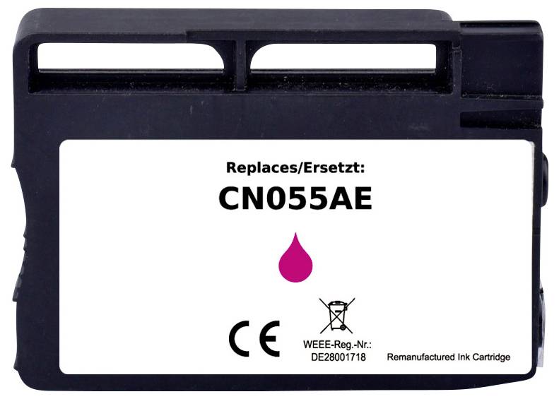 Tintenpatrone mit Bezeichnung 'Replaces/Ersetzt: CN055AE' mit einem rosa Tropfensymbol. Enthält Recycling-Symbol und WEEE-Registrierungsnummer.