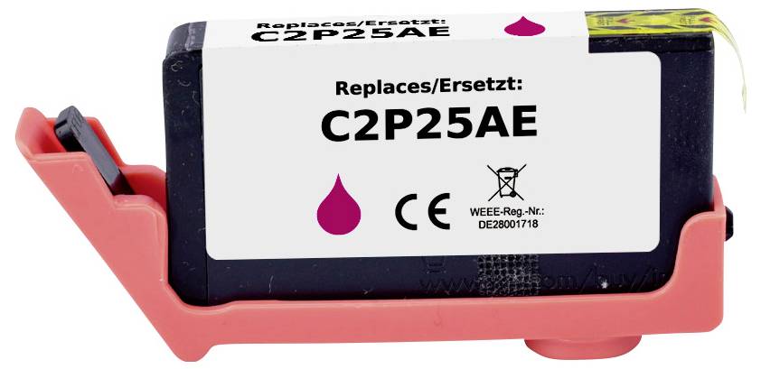 Tintenpatrone mit der Beschriftung 'Replaces/Ersetzt: C2P25AE' mit einem Farbtropen-Symbol in Magenta, das anzeigt, dass sie dieses spezifische Modell ersetzt.
