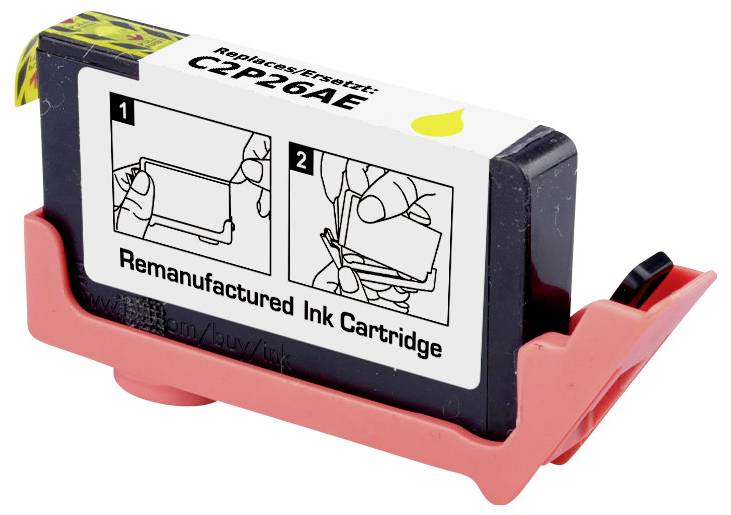 Eine überholte Tintenpatrone mit der Bezeichnung 'C2P26AE', mit illustrierten Installationsanweisungen, die zwei Schritte zum Austausch zeigen.