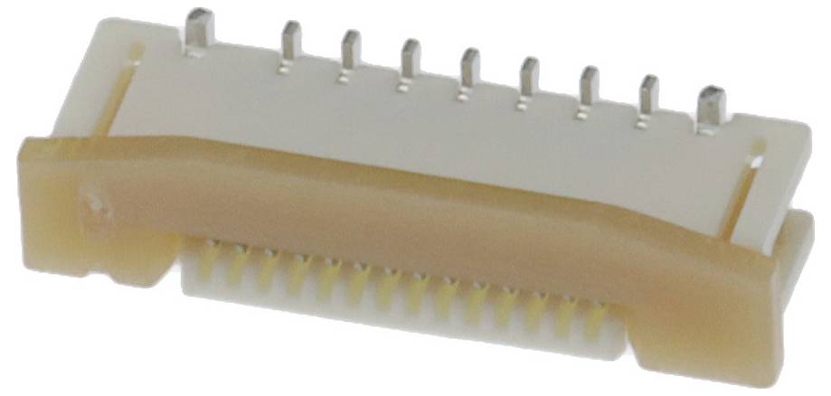Nahaufnahme eines weiß-braunen elektronischen Steckers mit mehreren Pins, der für Geräteverbindungen in der Elektronik verwendet wird.