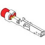 3D-technische Illustration eines langen rechteckigen mechanischen Teils mit einer rot abgedeckten Endfläche und einem zentralen Schiebeverbinder oder einer Verriegelung.