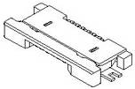 Isometrisches Diagramm eines rechteckigen elektronischen Steckermoduls mit Seitenlaschen und zwei vorstehenden Metallstiften.