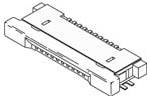 Isometrische technische Zeichnung eines rechteckigen elektronischen Steckers oder Anschlussblocks mit Reihen von Stiftkontakten und seitlichen Befestigungslaschen.