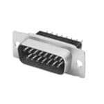 Nahaufnahme eines männlichen DB9-Serienconnectors mit Metallbefestigungsflansch und Stiftreihe auf weißem Hintergrund.