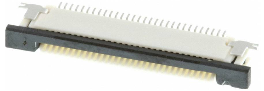 Eine Nahaufnahme eines elektronischen Steckers mit vielen Stiften, die in einer geraden Linie angeordnet sind und zum Verbinden von Leiterplatten oder Geräten verwendet werden.