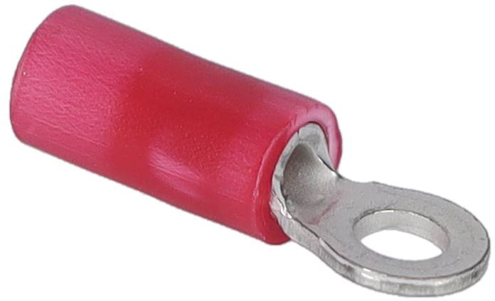 Ein roter isolierter Ringkabelschuh mit einer Metallöse, der zum Befestigen von elektrischen Drähten an einer Klemmleiste oder an einem Stift verwendet wird.
