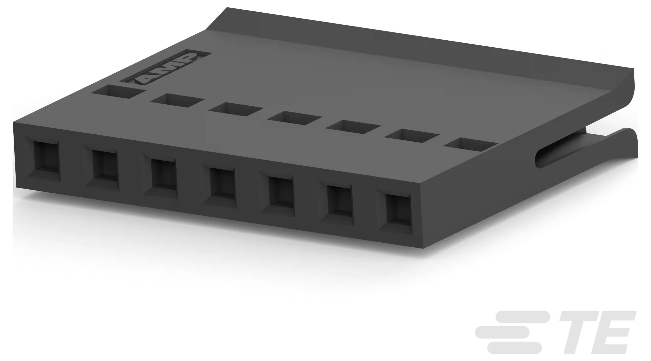 Ein schwarzes AMP-Steckverbindergehäuse mit sechs quadratischen Schlitzen und eingepräägtem Branding auf der Oberseite, wahrscheinlich für elektrische Verbindungen verwendet.