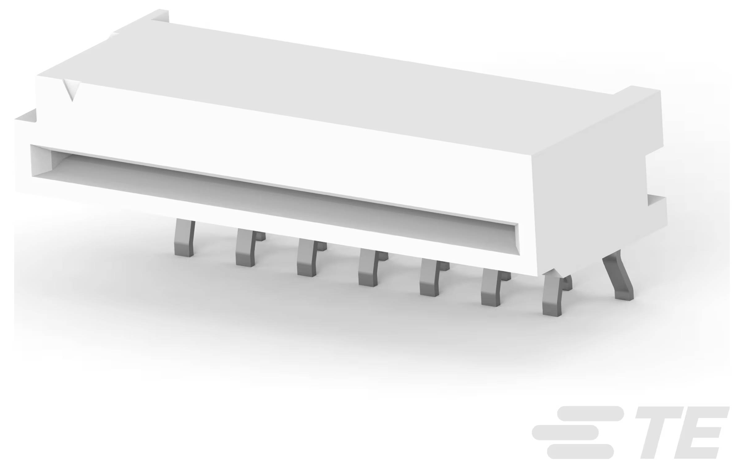 „Zweipoliger Draht-zu-Platine-Stecker von TE Connectivity, weiß und grau gefärbtes Kunststoffmaterial mit mehreren Metallstiften an der Unterseite zur Verbindung.