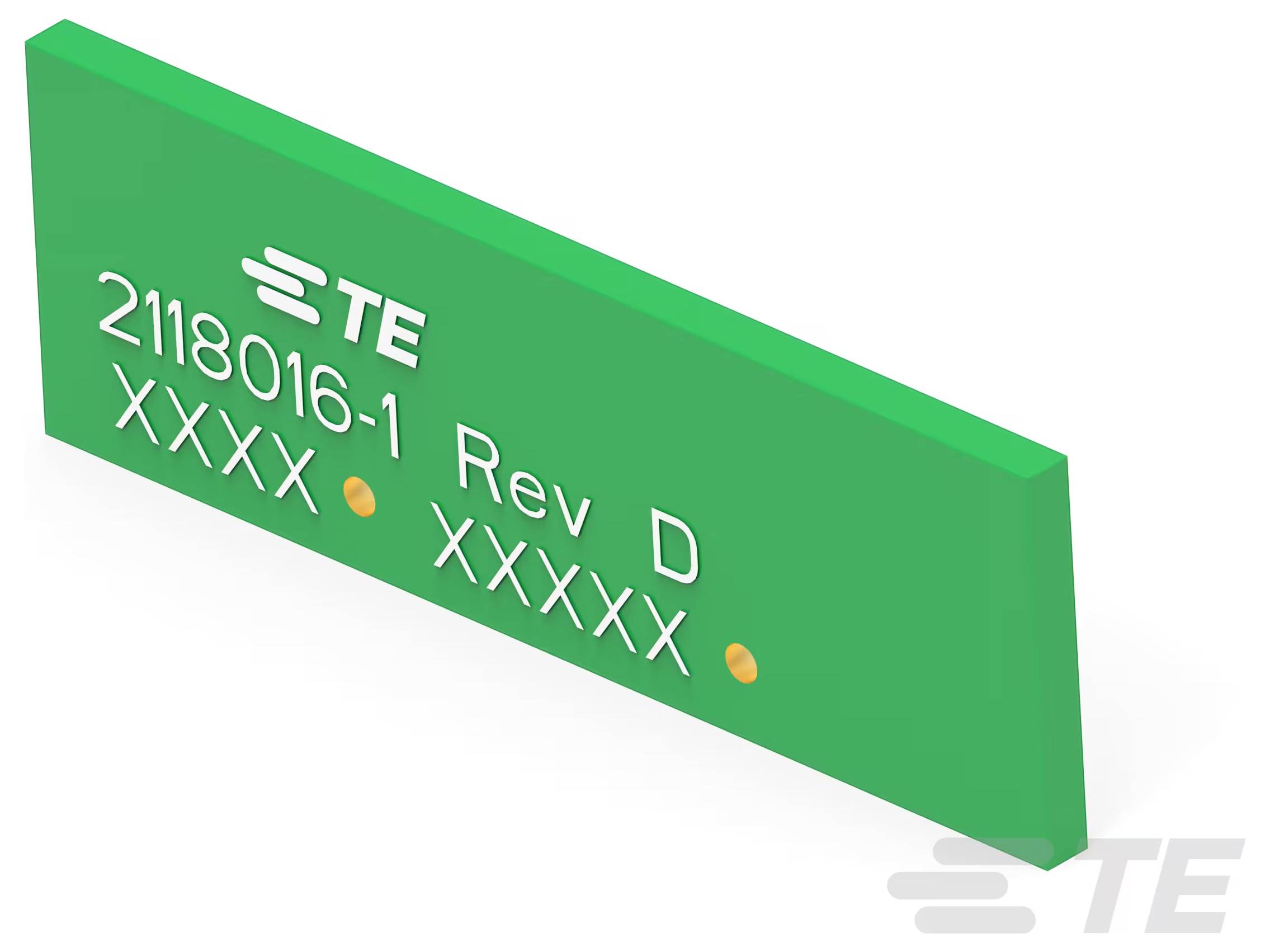 Eine grüne Leiterplatte mit der Bezeichnung „TE 2118016-1 Rev D XXXX XXXXX