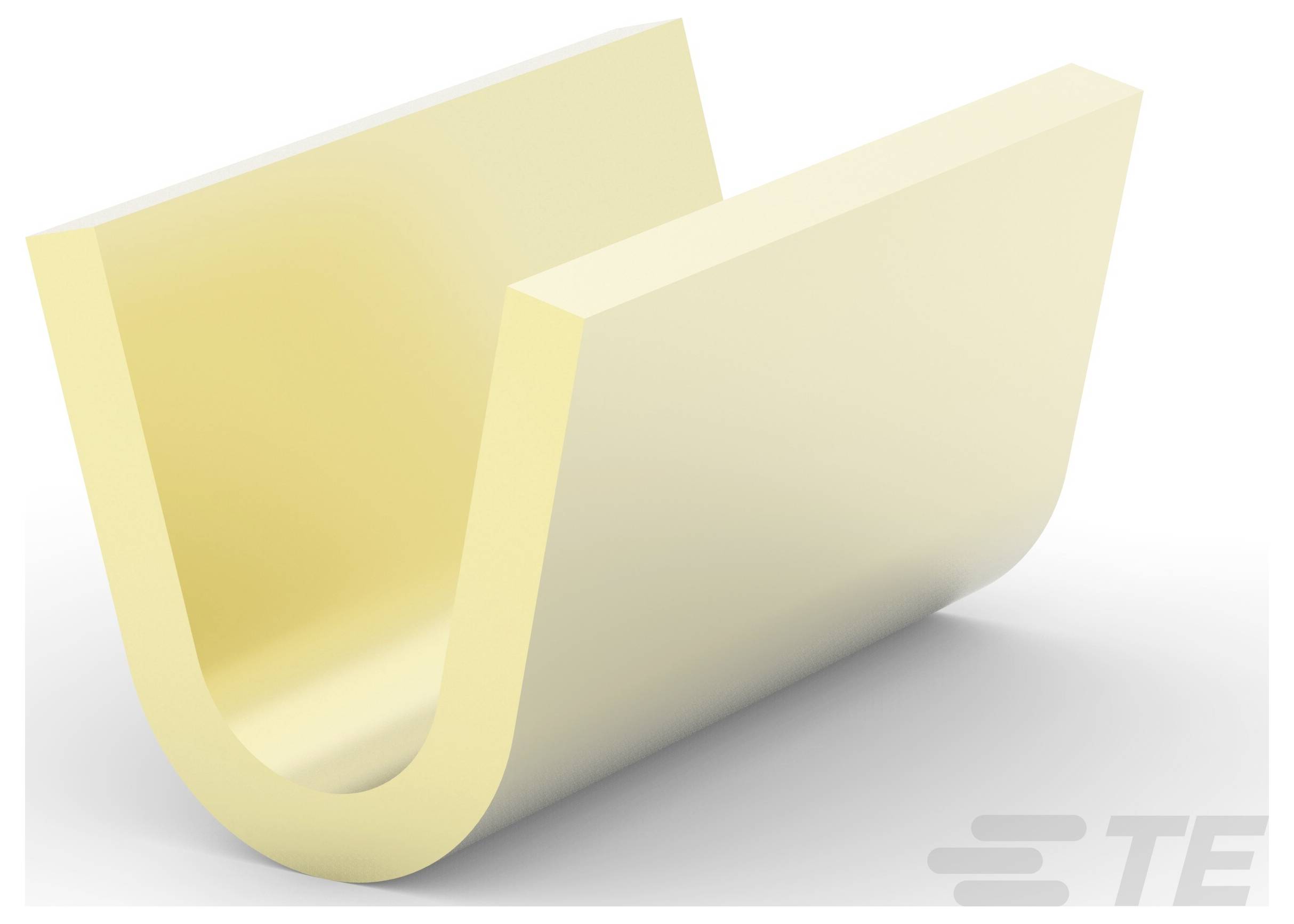 Beige schaumstoff- oder Gummiprofil in U-Form, wahrscheinlich für Isolations- oder Dichtungszwecke verwendet. Logo in der Ecke mit der Bezeichnung 'TE'.