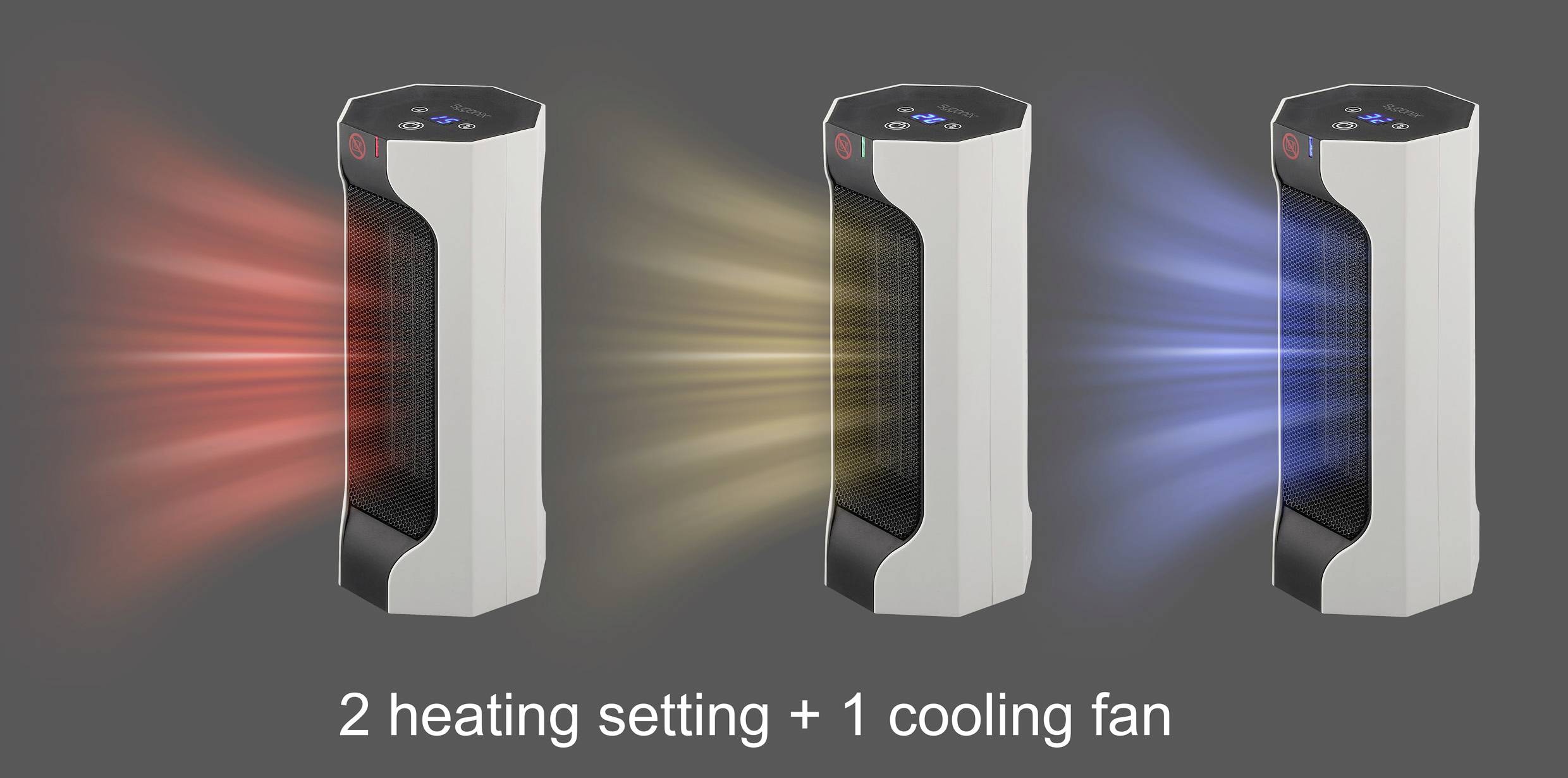 Drei Heizlüfter auf grauem Hintergrund zeigen rote, gelbe und blaue Luftströme. Text darunter: '2 Heizstufen + 1 Kühlventilator'.