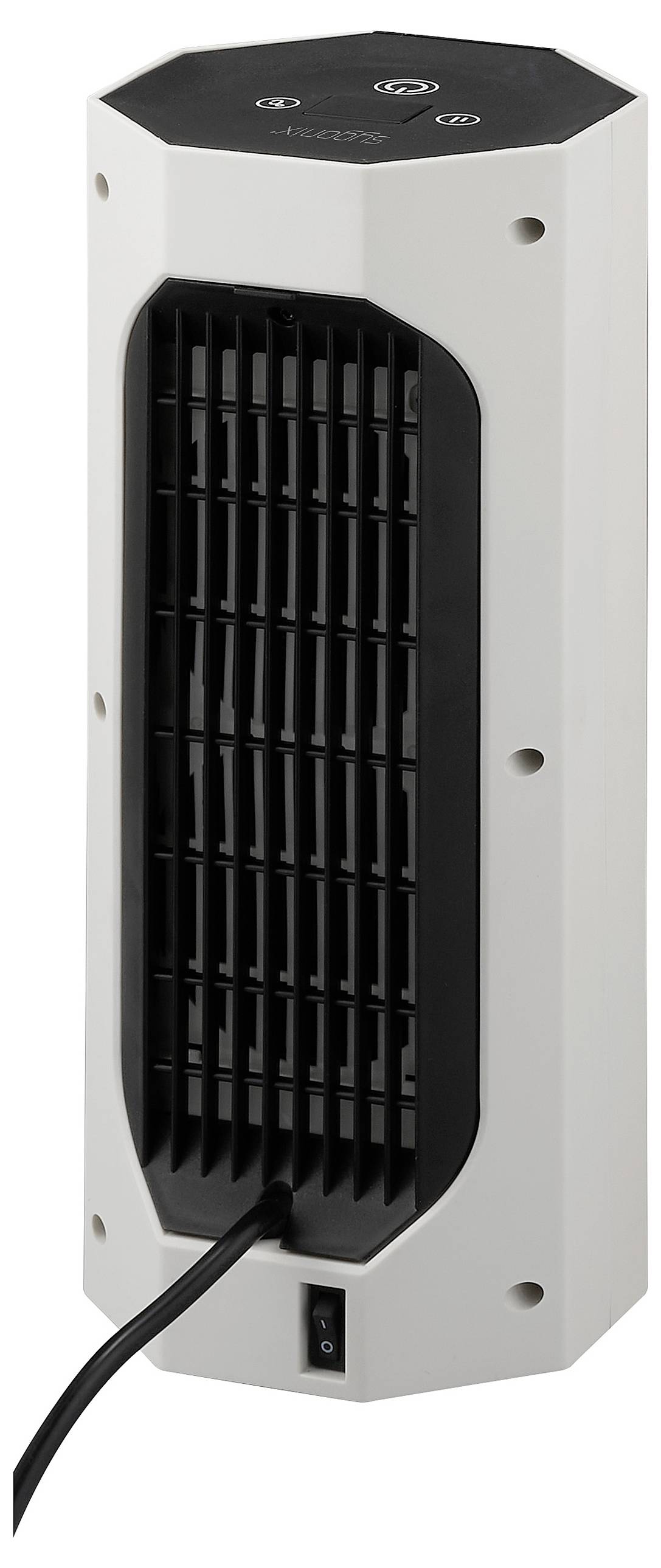 Ein turmförmiger elektrischer Heizlüfter in Weiß mit schwarzem Gitter an der Vorderseite und Netzkabel unten.