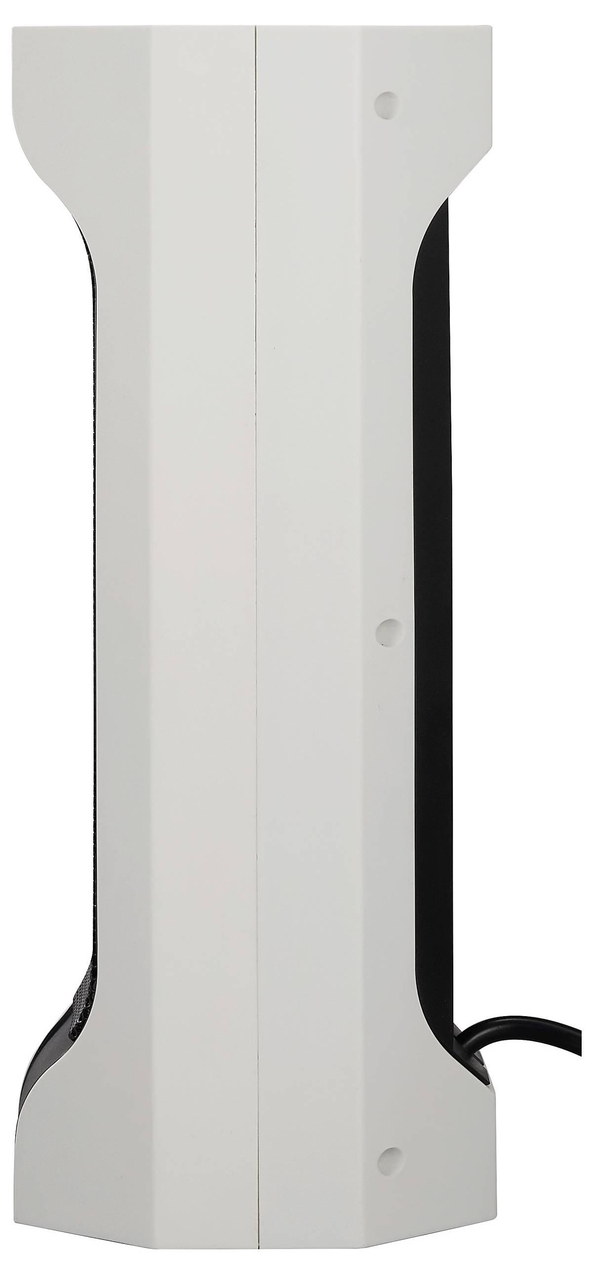 Ein vertikales, rechteckiges weißes Gerät mit glatten Kanten und einem schwarzen Kabel auf einer Seite.