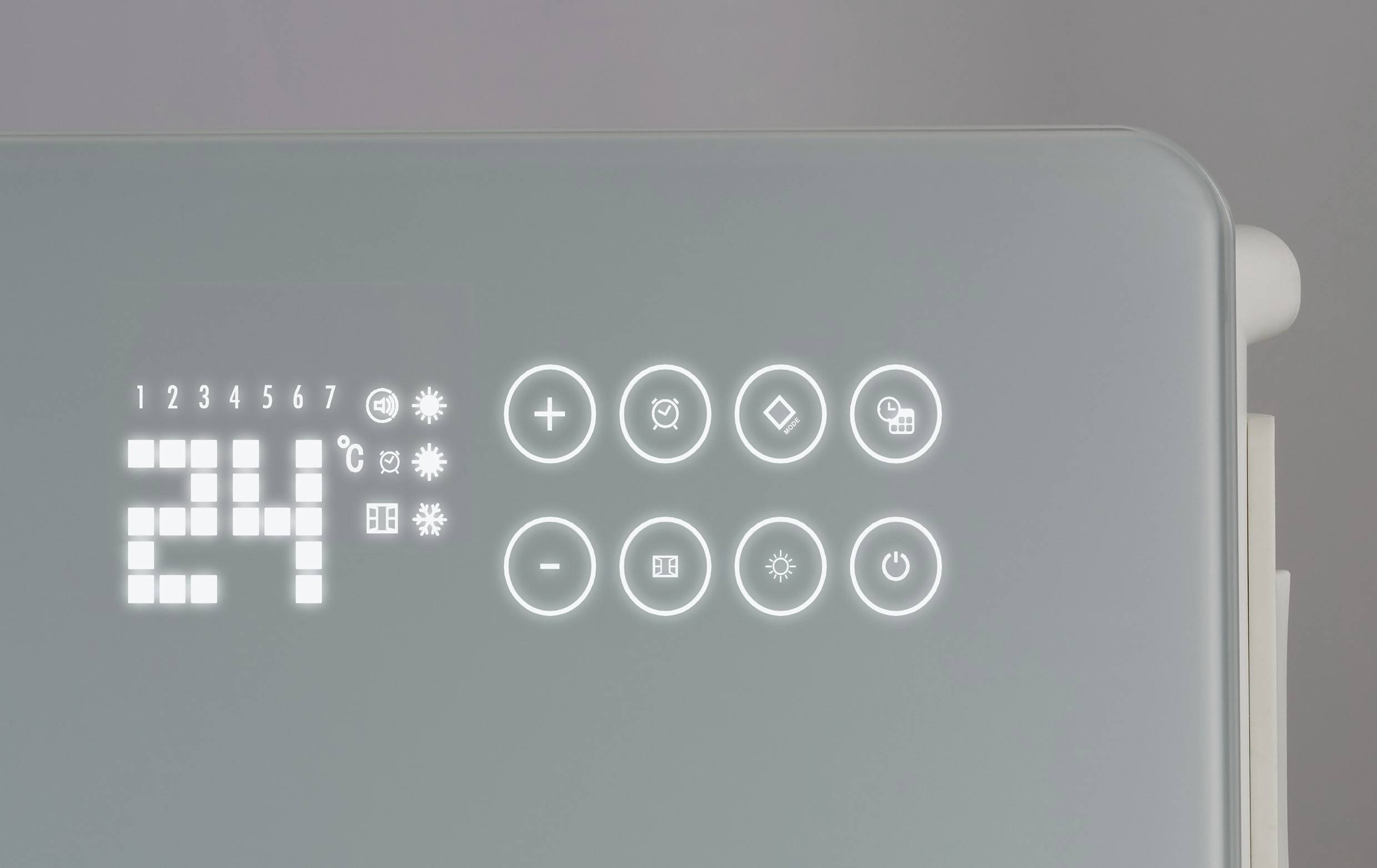 Eine digitale Steuerung zeigt 24°C an. Symbole zur Einstellung: Temperatur, Timer, Luftfeuchtigkeit und Ein/Aus-Schalter.