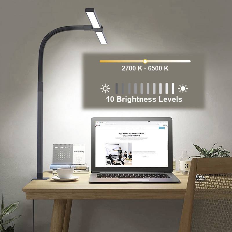 Ein Schreibtisch mit einem Laptop, neben dem eine Stehlampe mit verstellbarer Farbtemperatur (2700 K - 6500 K) und Helligkeitsstufen steht.