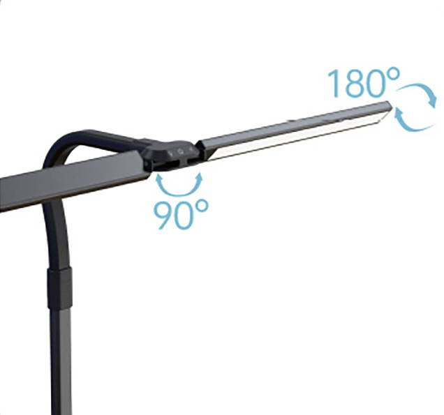 LED-Schreibtischlampe mit flexiblem Gelenk; Arm kann um 90 Grad, Lampenkopf um 180 Grad gedreht werden.