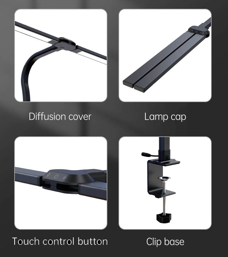 Bild zeigt vier Nahaufnahmen eines Schreibtischlampen-Designs: Diffusorabdeckung, Lampenkopf, Berührungssteuerungstaste, Klemmbasis.