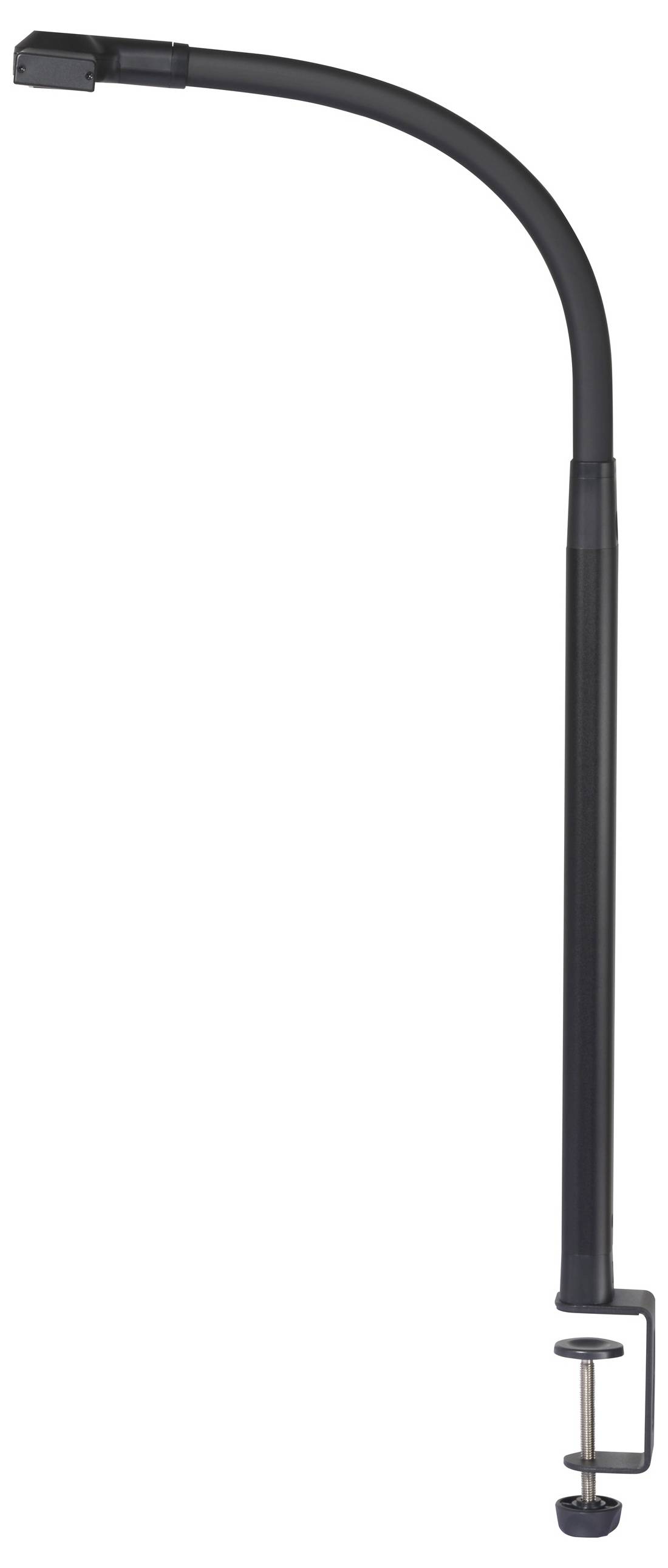 Ein schwarzer, gebogener Lampenarm mit Tischbefestigungsklemme. Ideal für flexible Positionierung von Leuchten auf Schreibtischen.