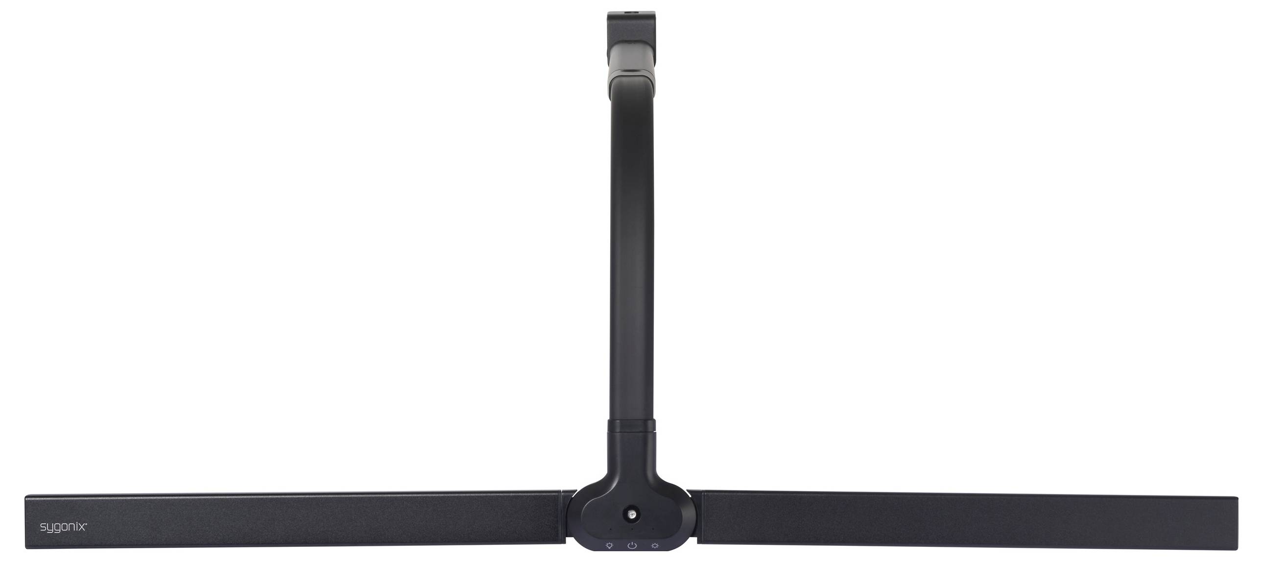 Faltbare schwarze Schreibtischlampe in T-Form von vorne gesehen, mit drehbarem Mittelteil.