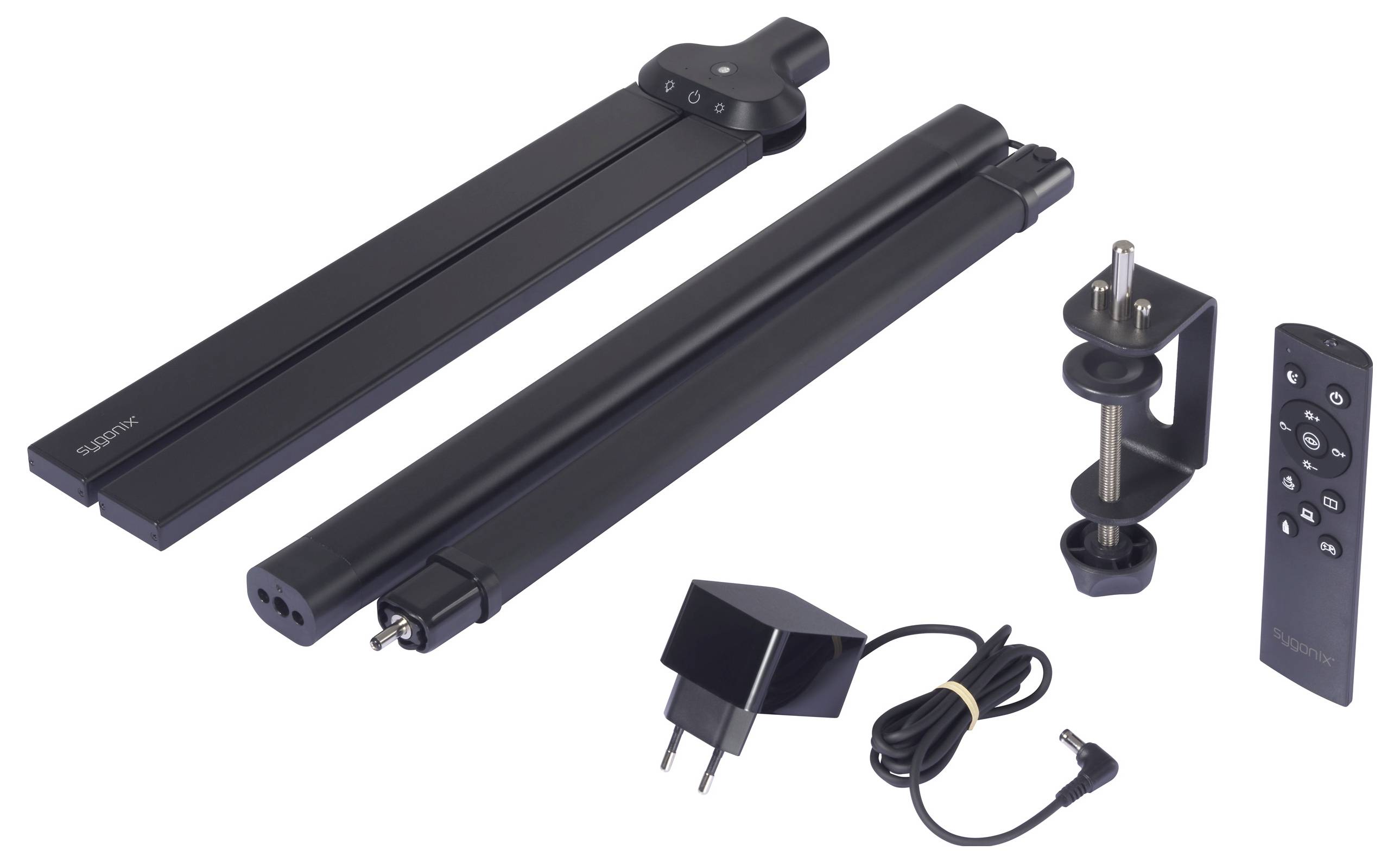 Zusammengeklappte schwarze LED-Lampe mit Klemme, Fernbedienung, Netzteil und Kabel. Eignet sich für Schreibtische oder Arbeitsplätze.