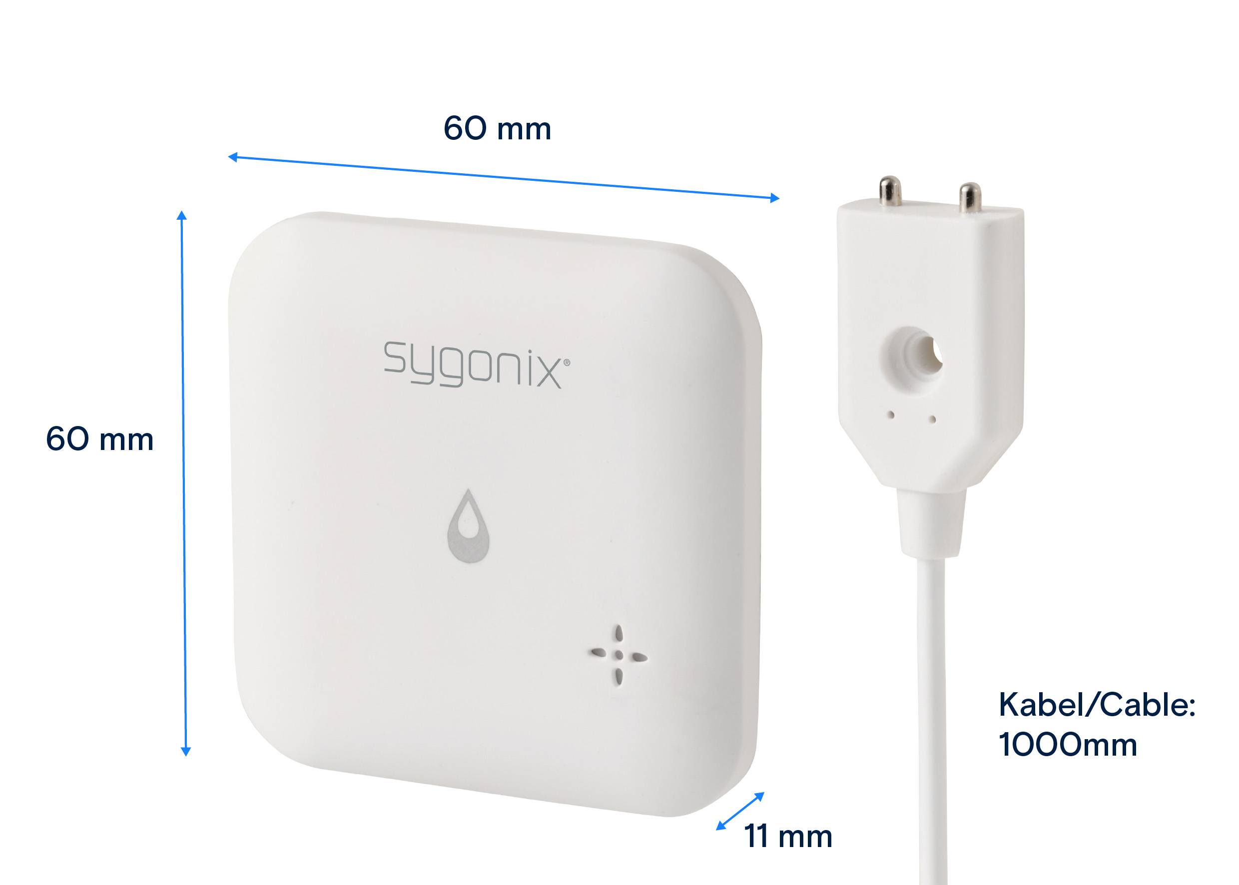 Weißer sygonix-Wassersensor mit den Maßen 60 mm x 60 mm x 11 mm. Kabel: 1000 mm.