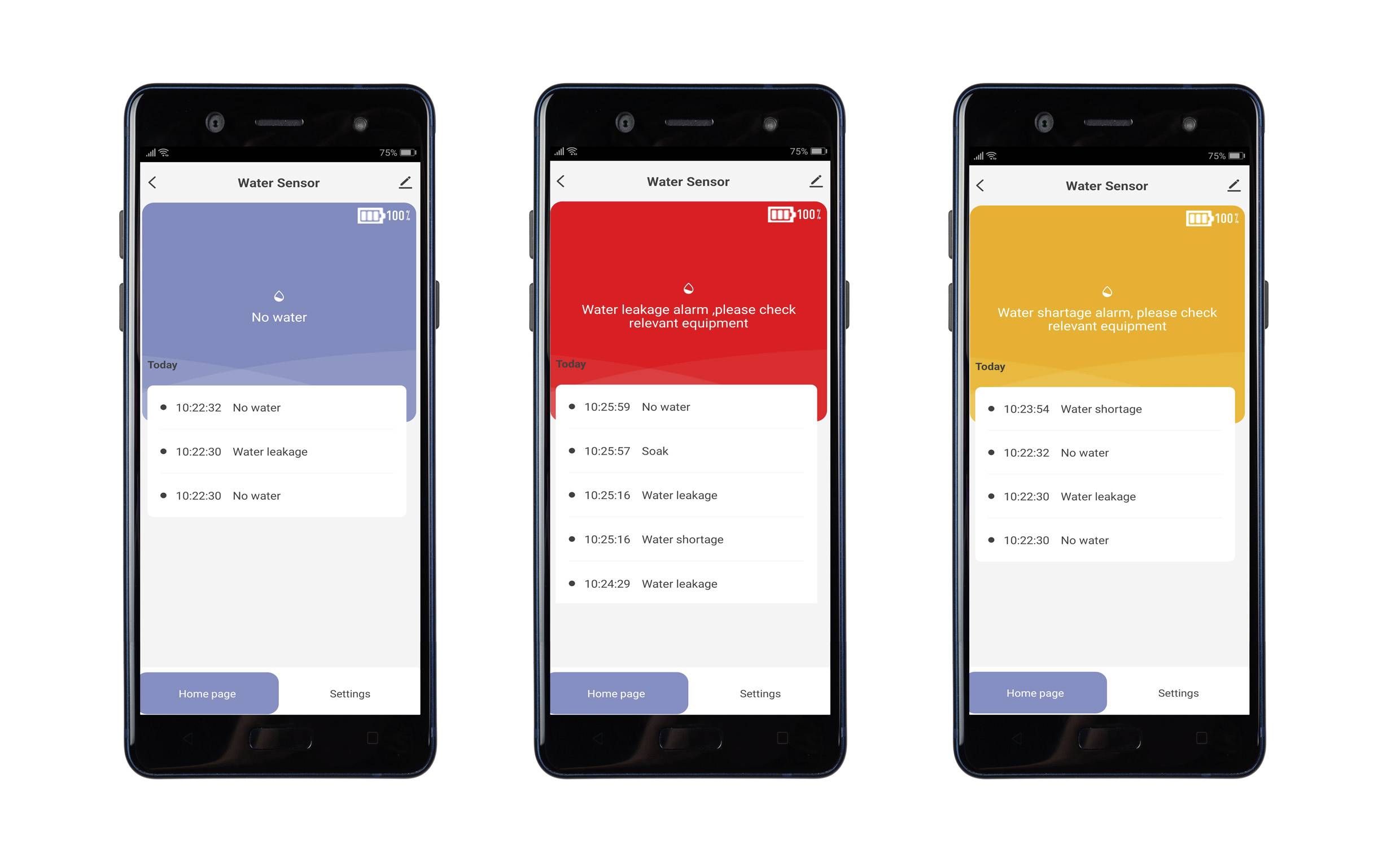 Drei Smartphones zeigen eine App mit Wasserstandsmeldungen: kein Wasser (blau), Wasseraustritt-Alarm (rot), Wasserknappheit-Alarm (orange).