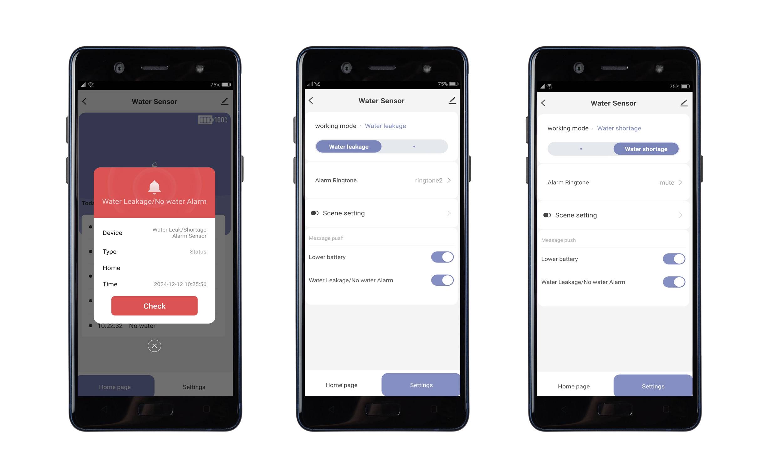 Drei Smartphone-Bildschirme zeigen die Einstellungen eines Wasser-Sensors, der Modus und Alarminformationen anzeigt.