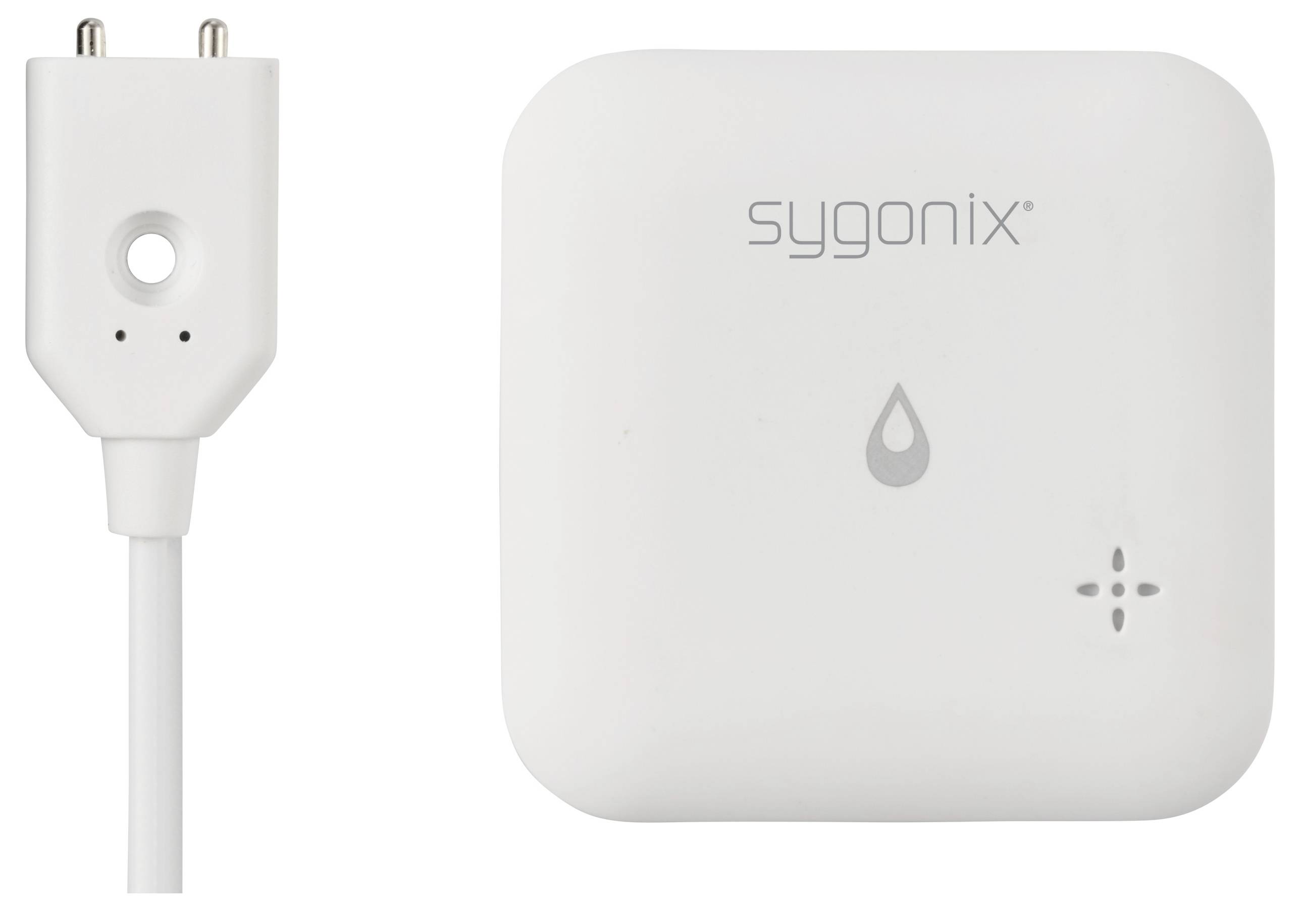 Ein weißer Luftfeuchtigkeits- und Temperatursensor von 'sygonix' mit Kabel und Stecker, zeigt das Tropfen-Icon zur Wasserdektion.