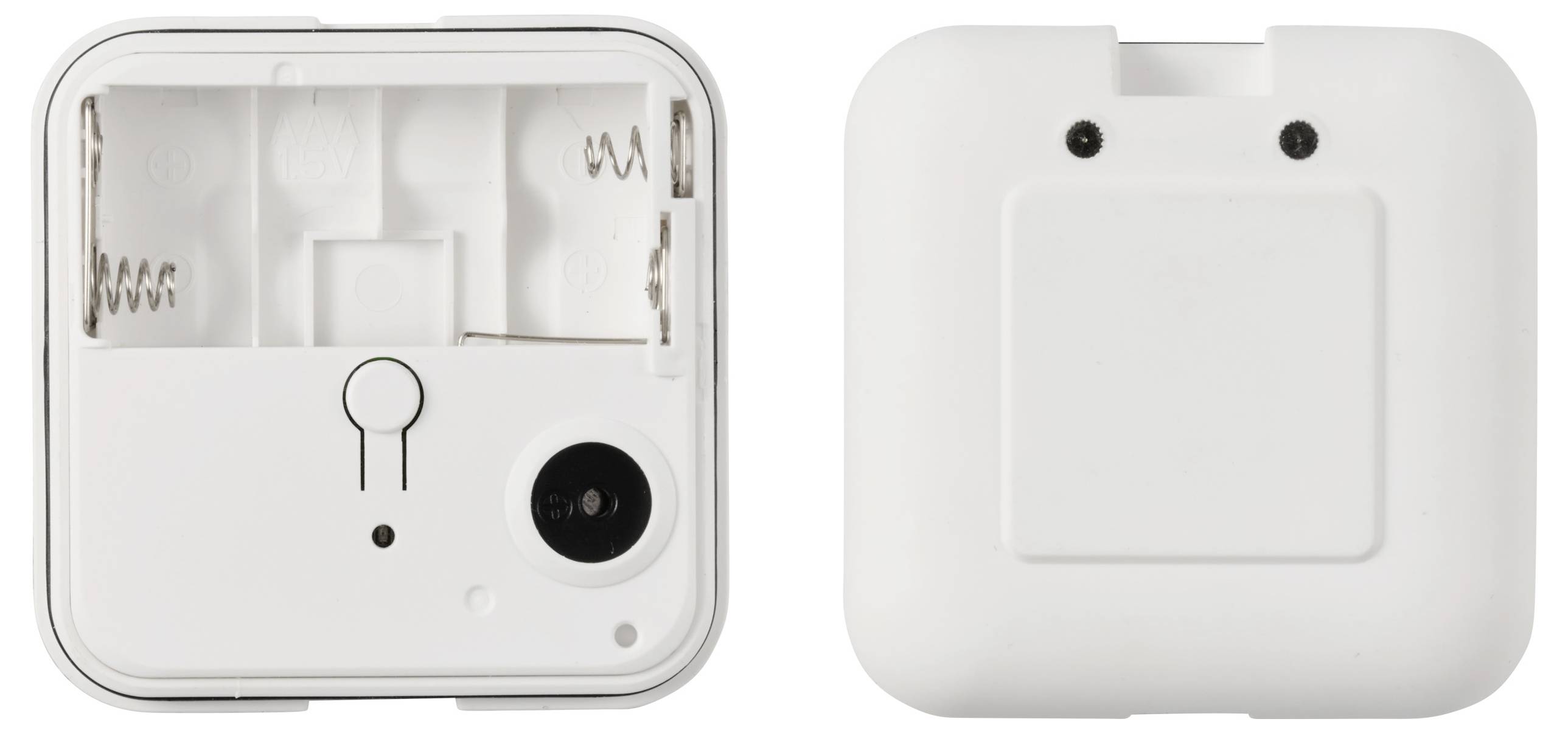 Rückansicht eines weißen, quadratischen Geräts mit zwei schwarzen Sensoren und Batteriefach.